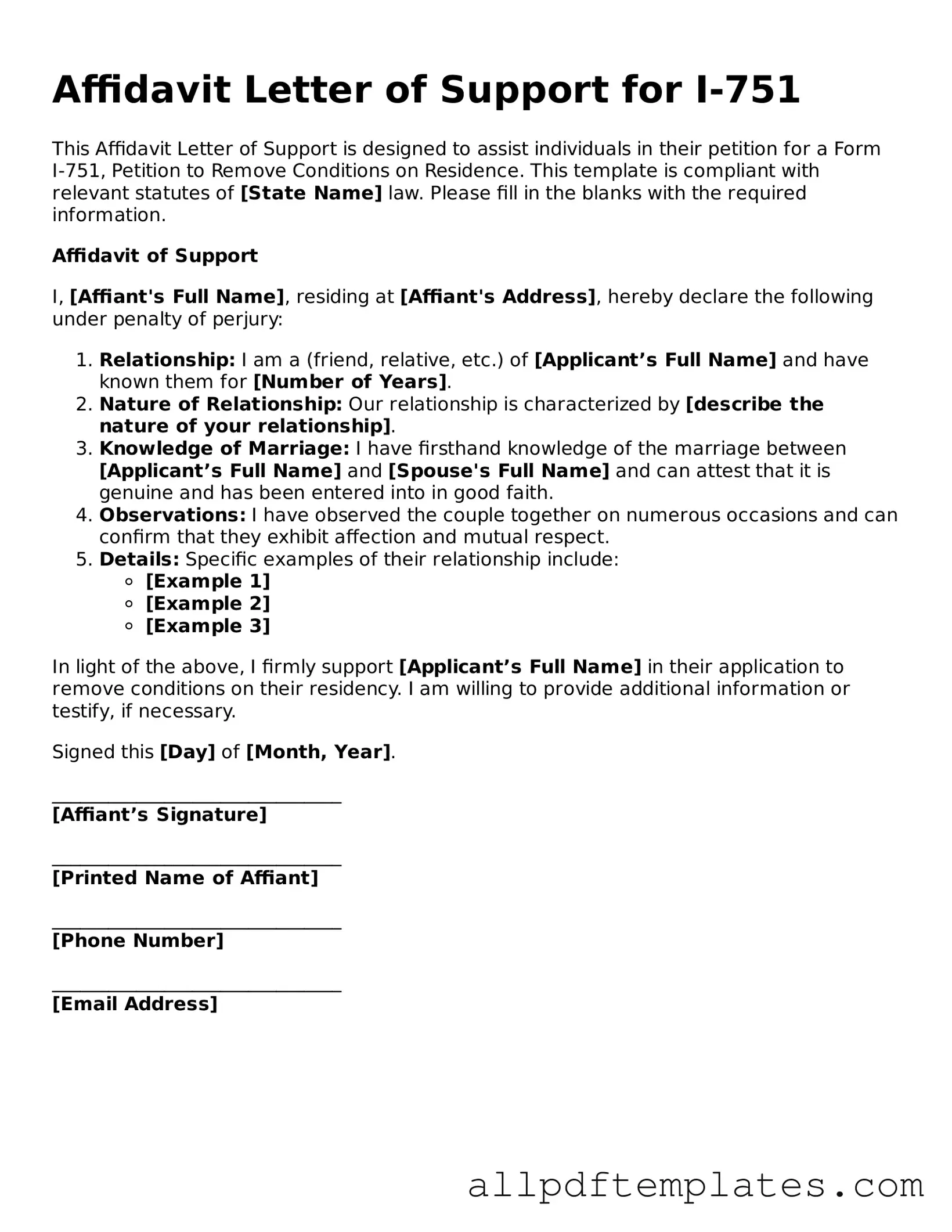 Free Affidavit Letter of Support for I-751 Template