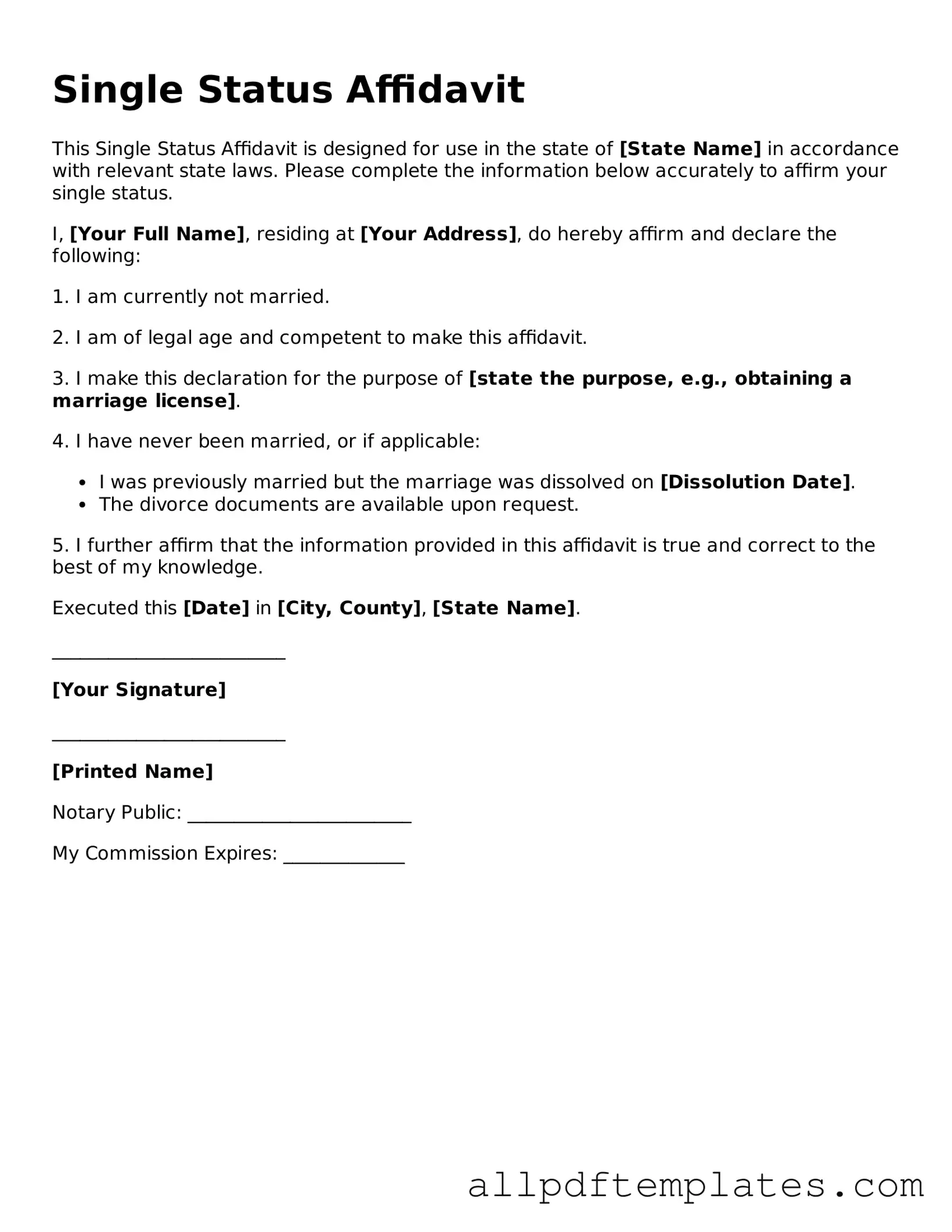Free Single Status Affidavit Template