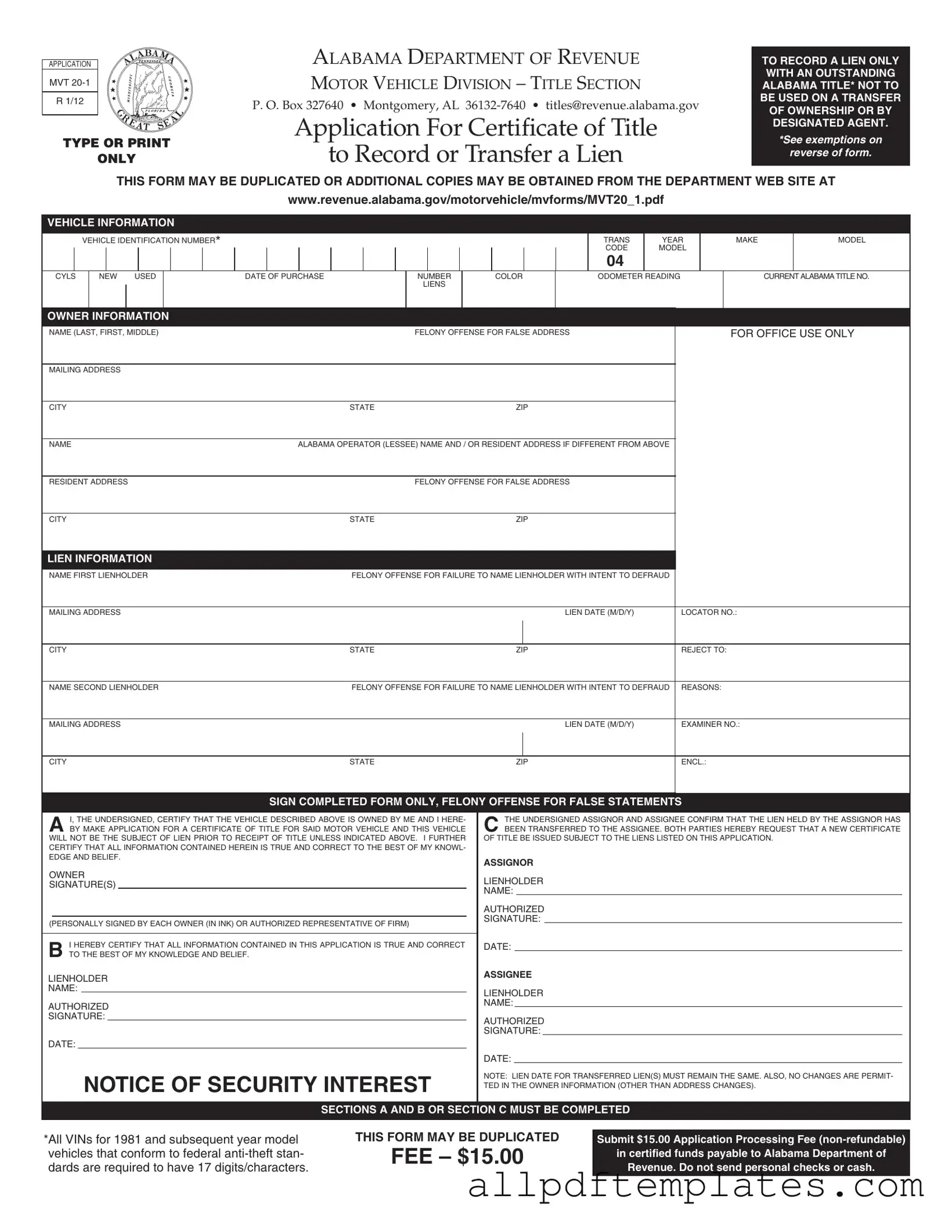 Get Alabama Mvt 20 1 Form in PDF