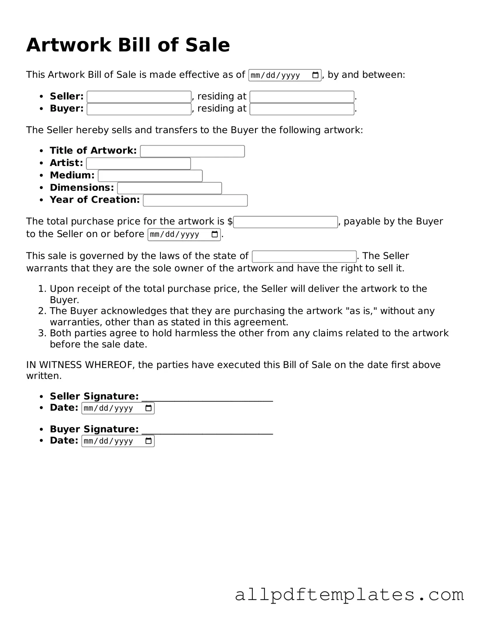 Free Artwork Bill of Sale Template