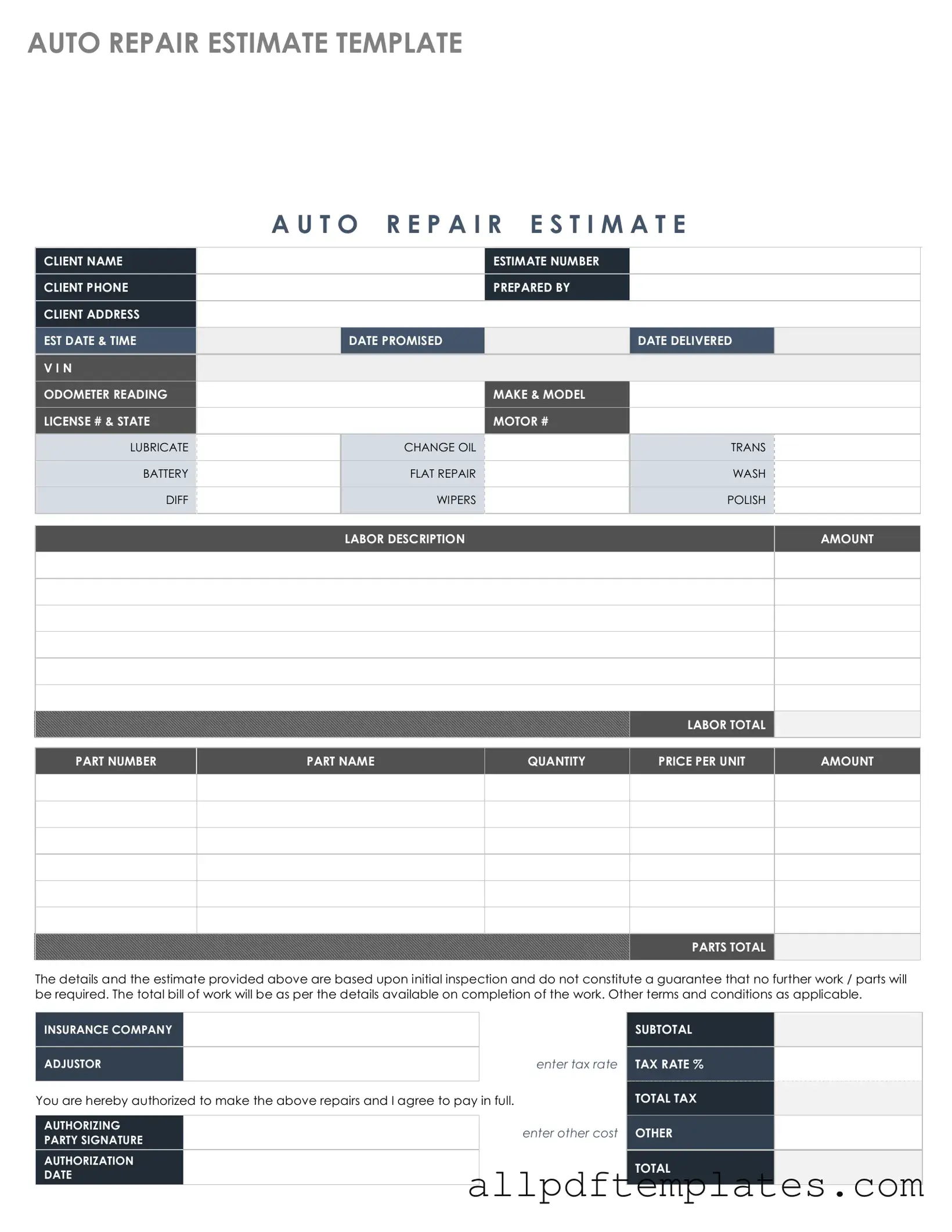 Get Auto Repair Estimate Form in PDF
