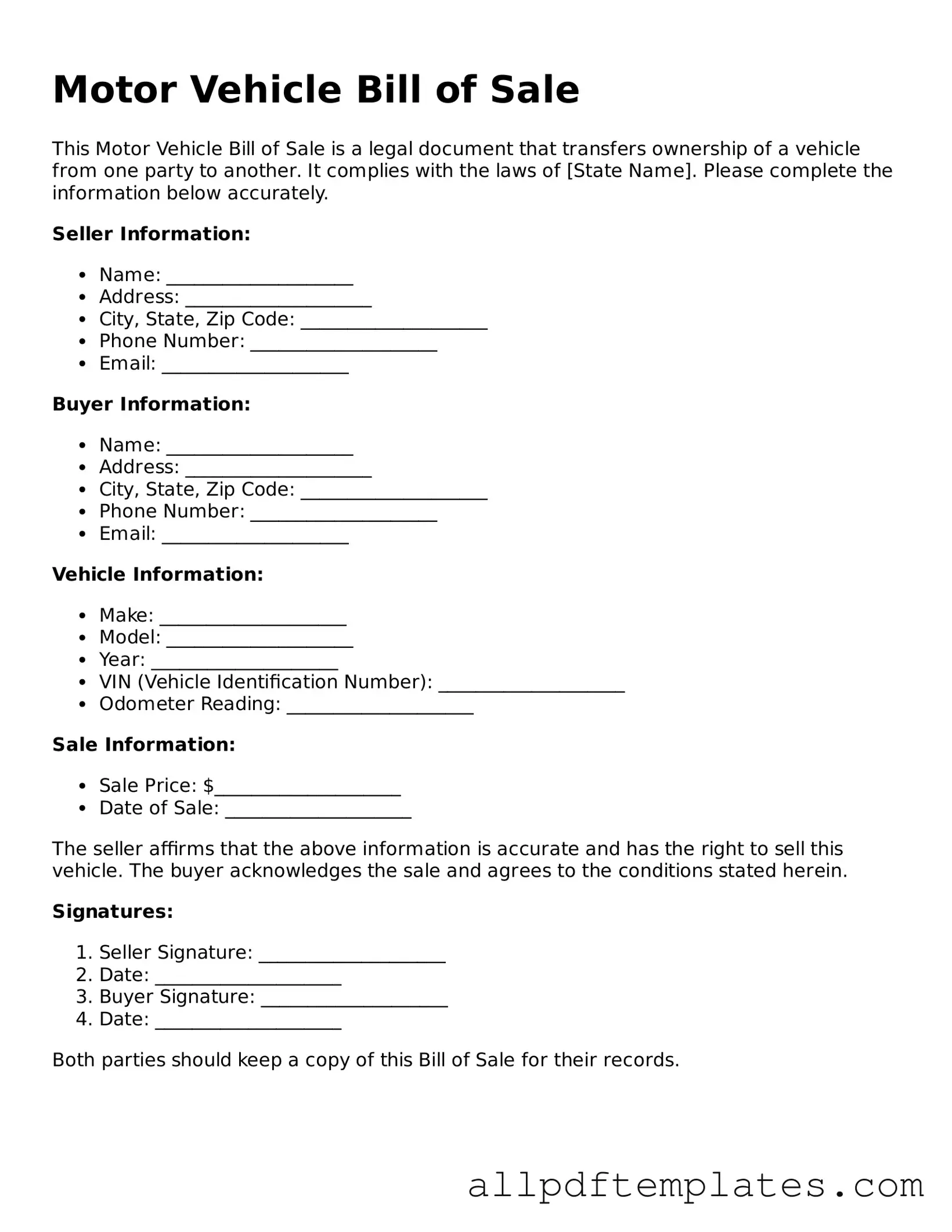 Free Motor Vehicle Bill of Sale Template