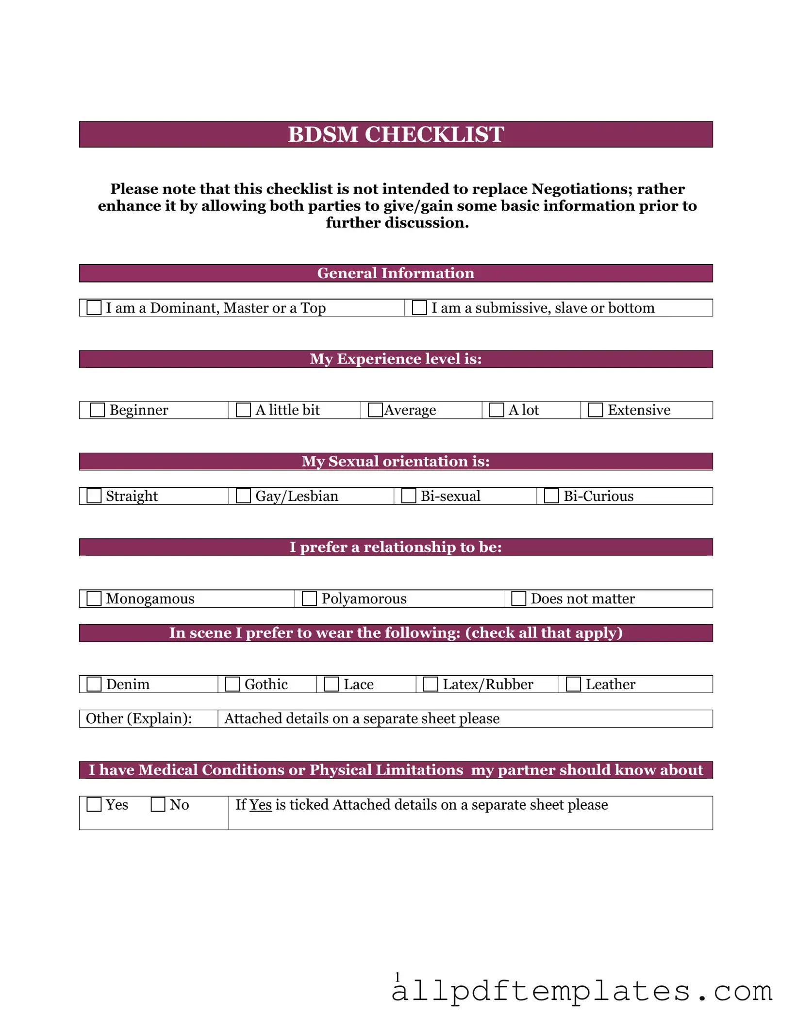Get Bdsm Checklist Form in PDF