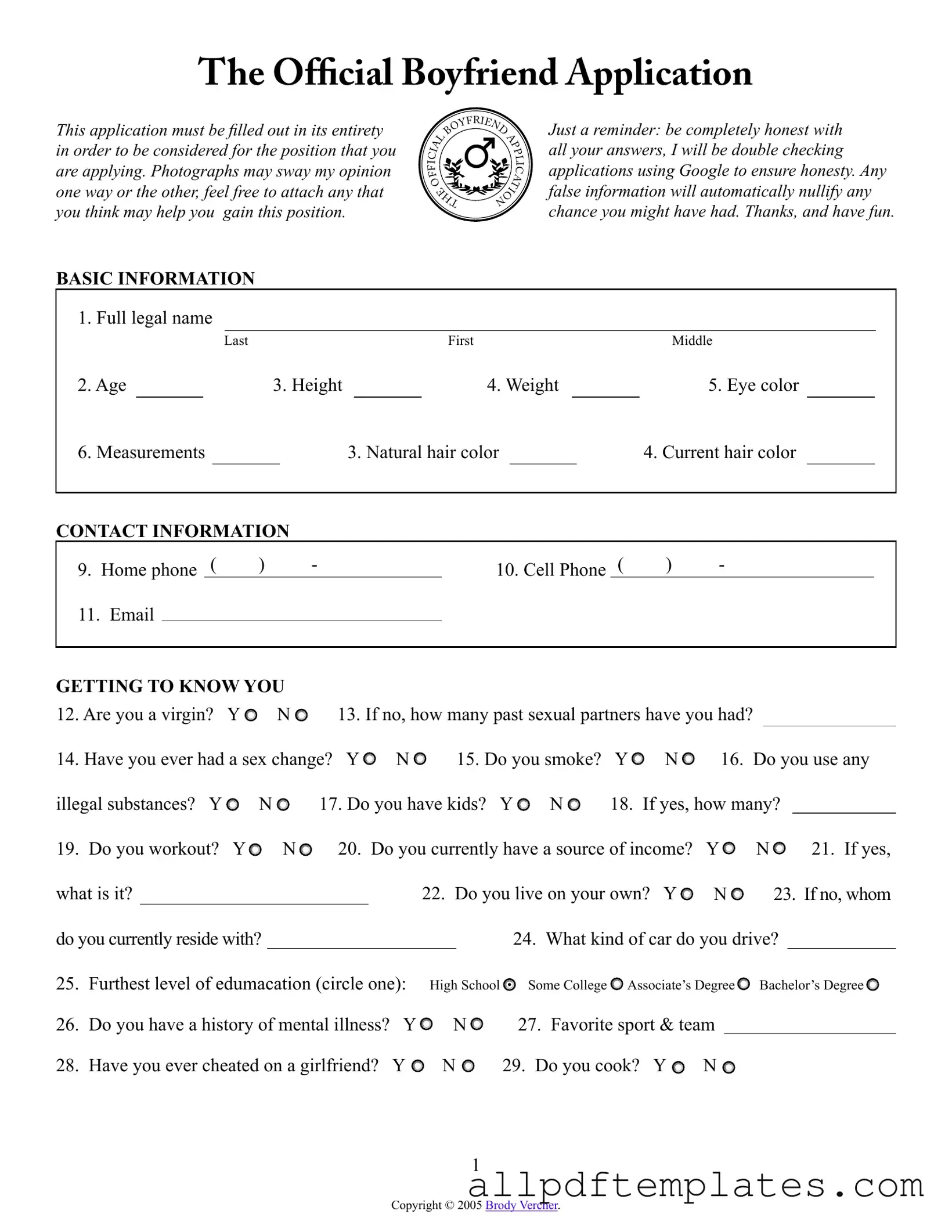 Get Boyfriend application form Form in PDF