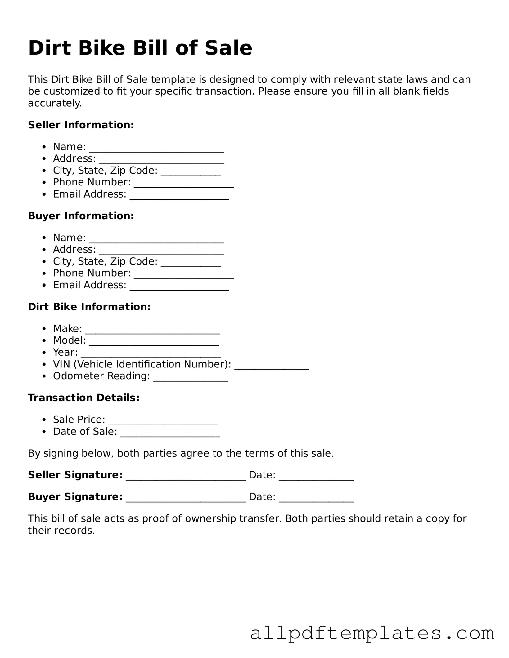 Free Dirt Bike Bill of Sale Template