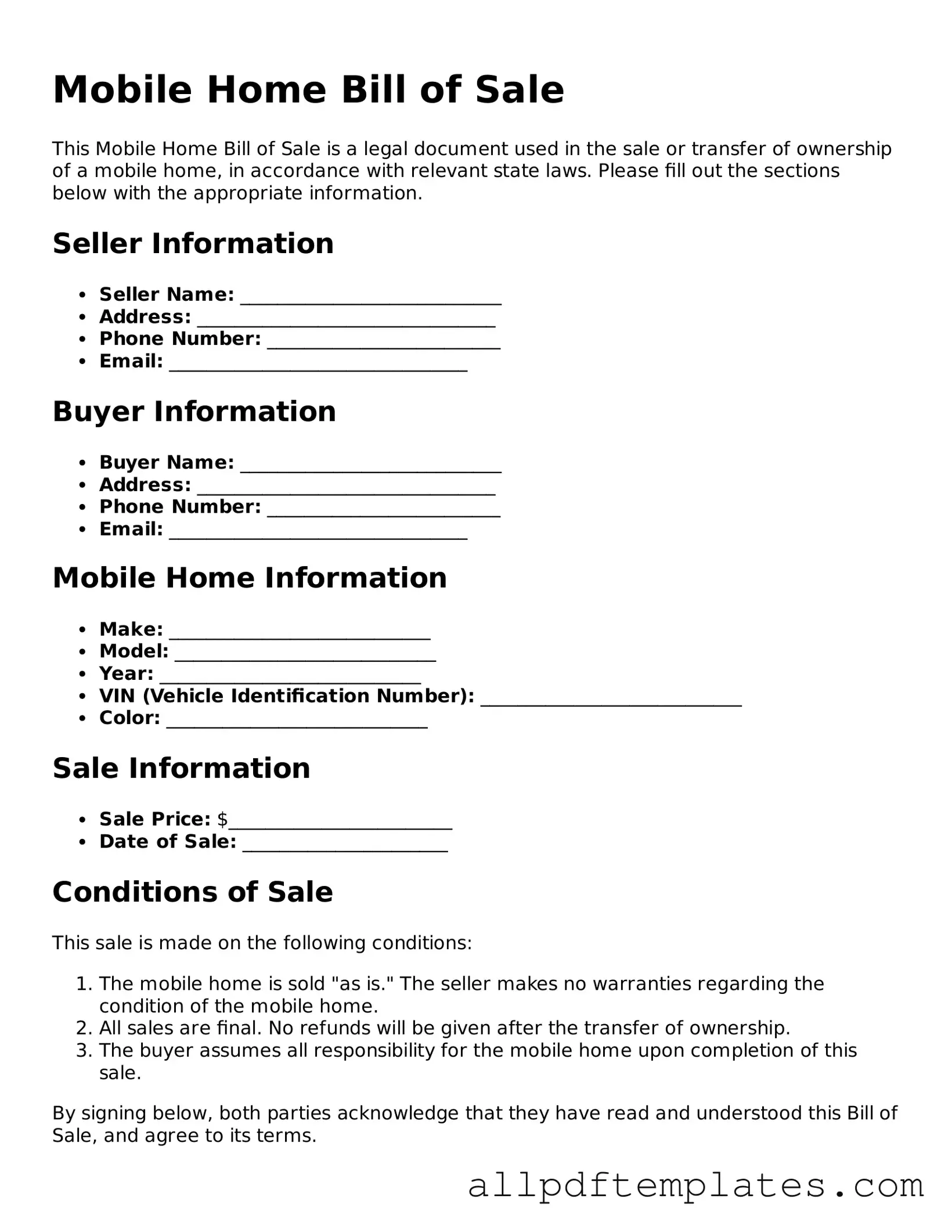 Free Mobile Home Bill of Sale Template