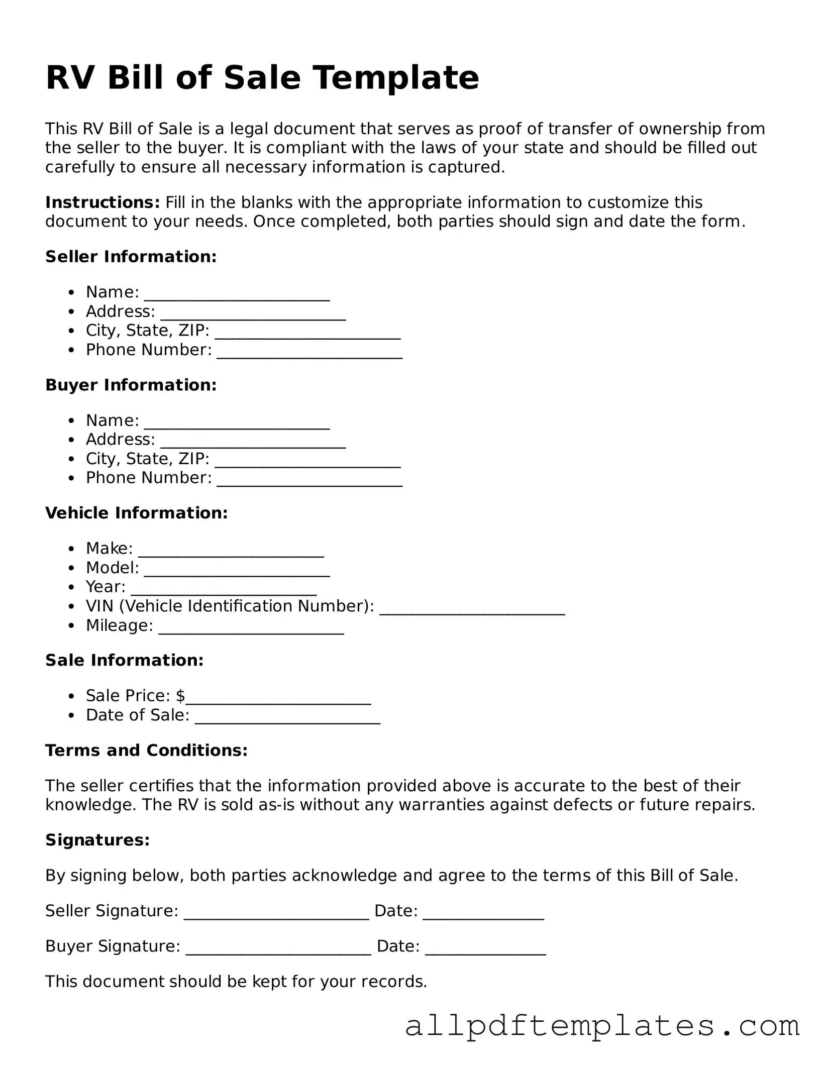 Free RV Bill of Sale Template