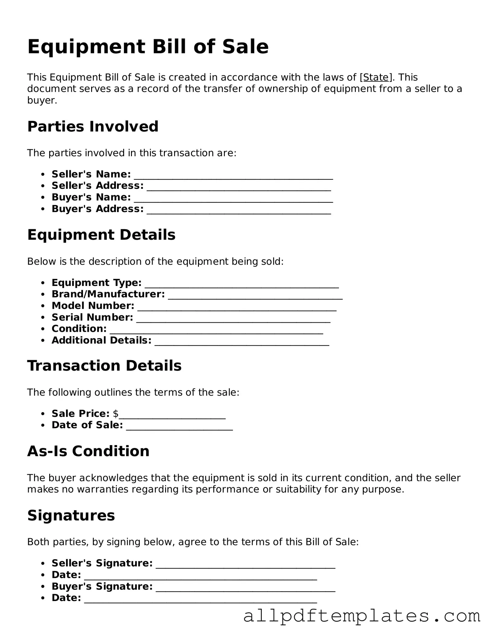 Free Equipment Bill of Sale Template