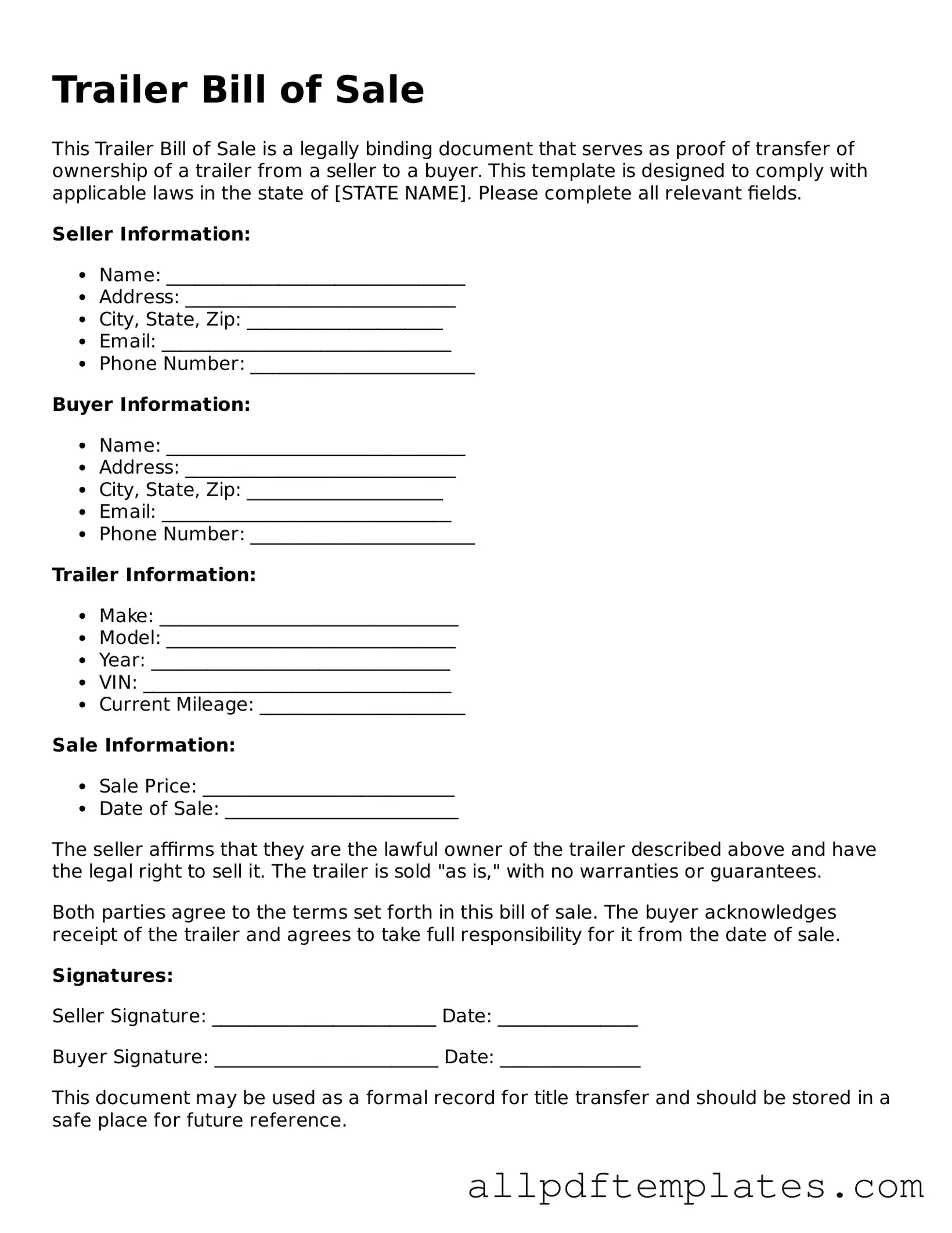 Free Trailer Bill of Sale Template