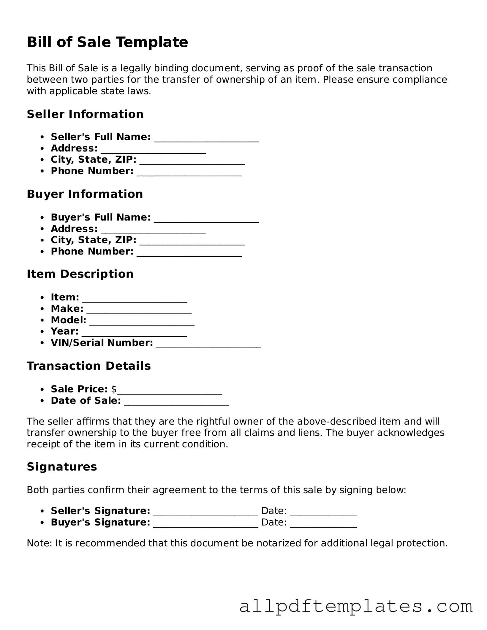 Free Bill of Sale Template