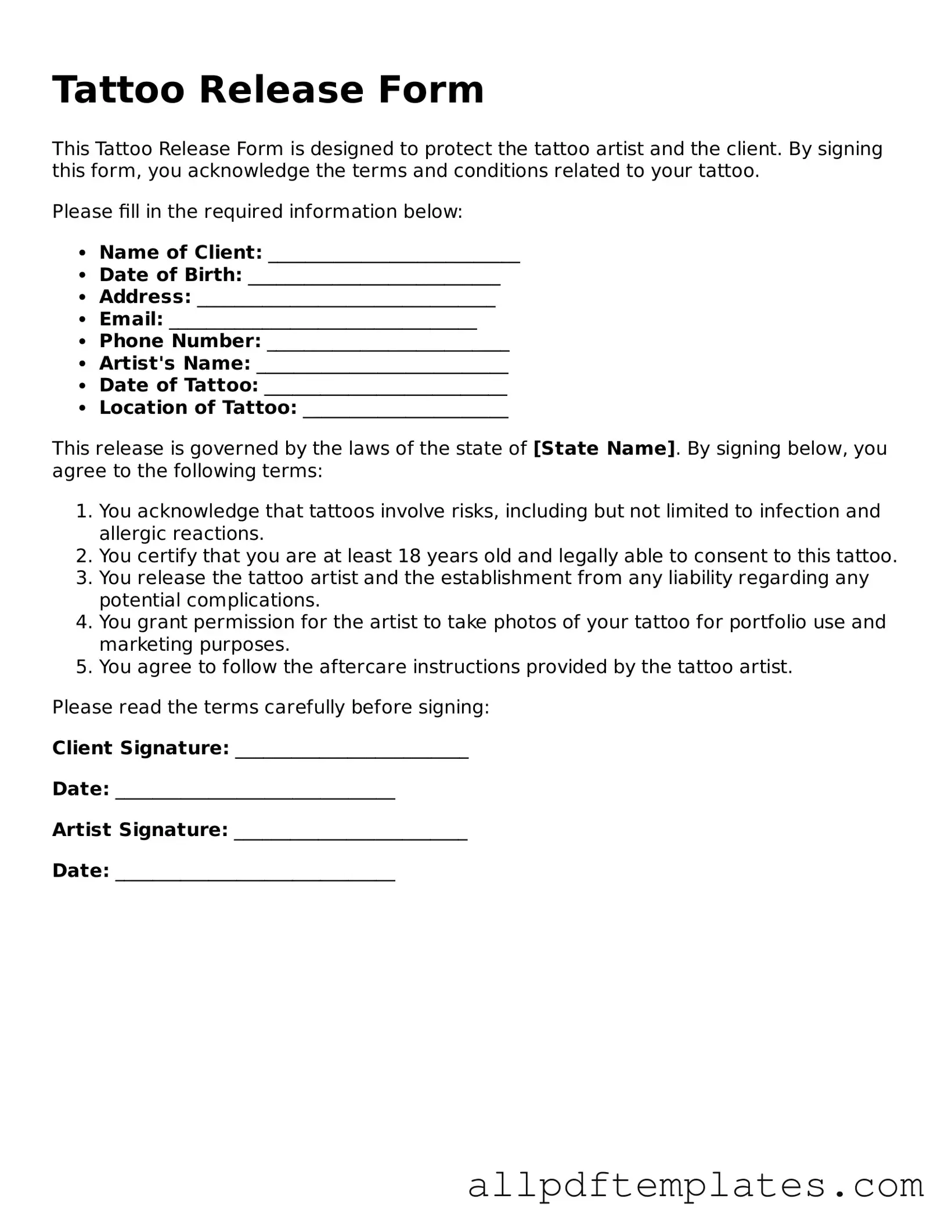 Free Tattoo Release Template