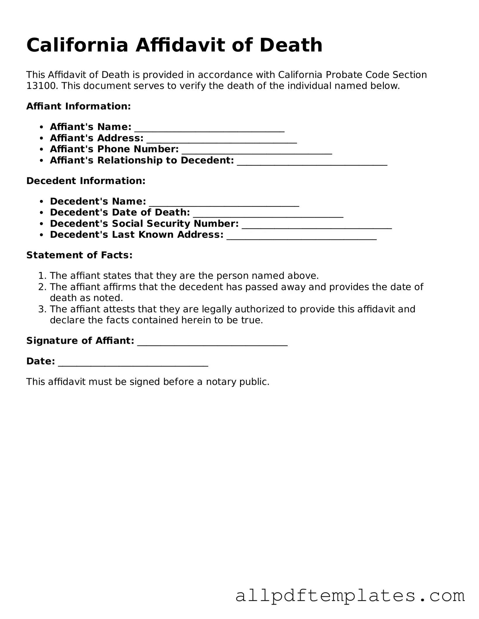 Blank Affidavit of Death Document for California State