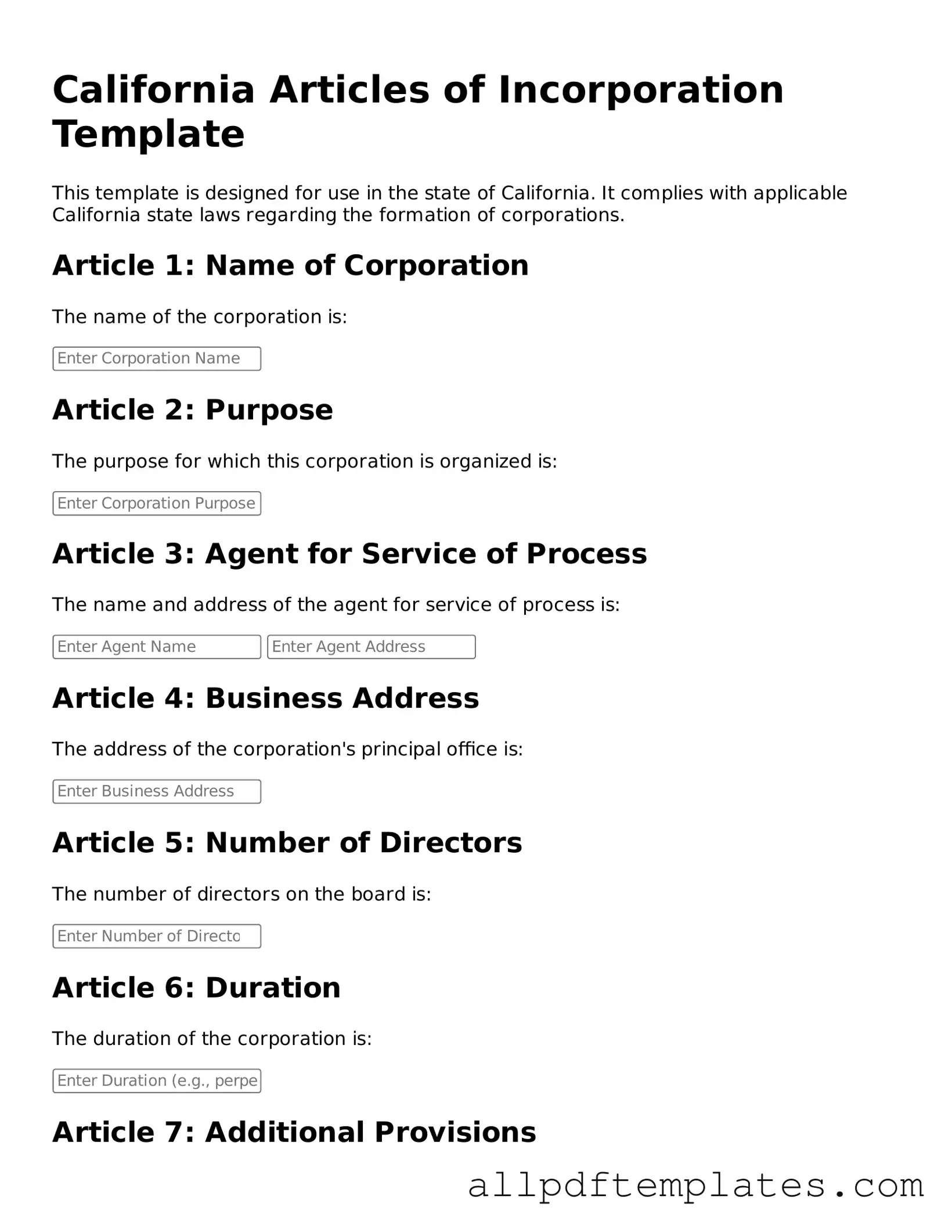 Blank Articles of Incorporation Document for California State