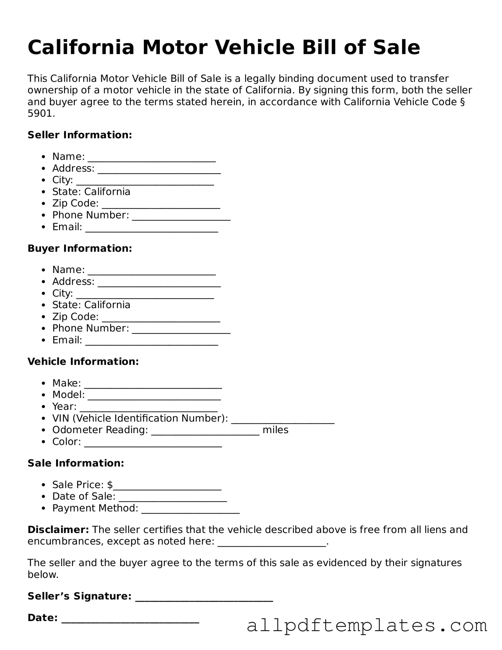 Blank Motor Vehicle Bill of Sale Document for California State