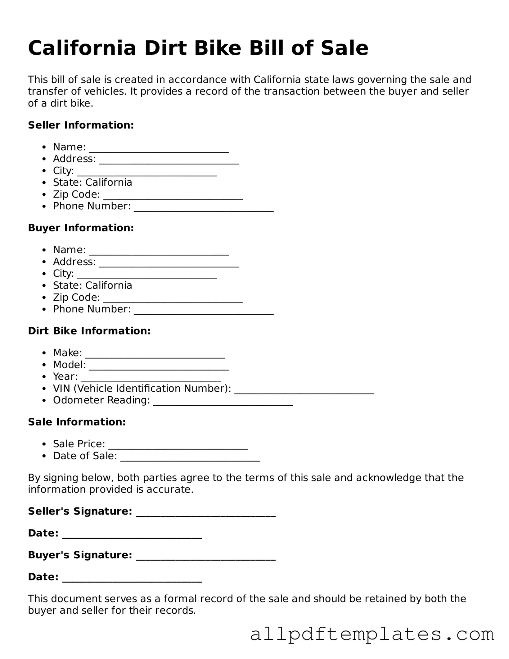 Blank Dirt Bike Bill of Sale Document for California State
