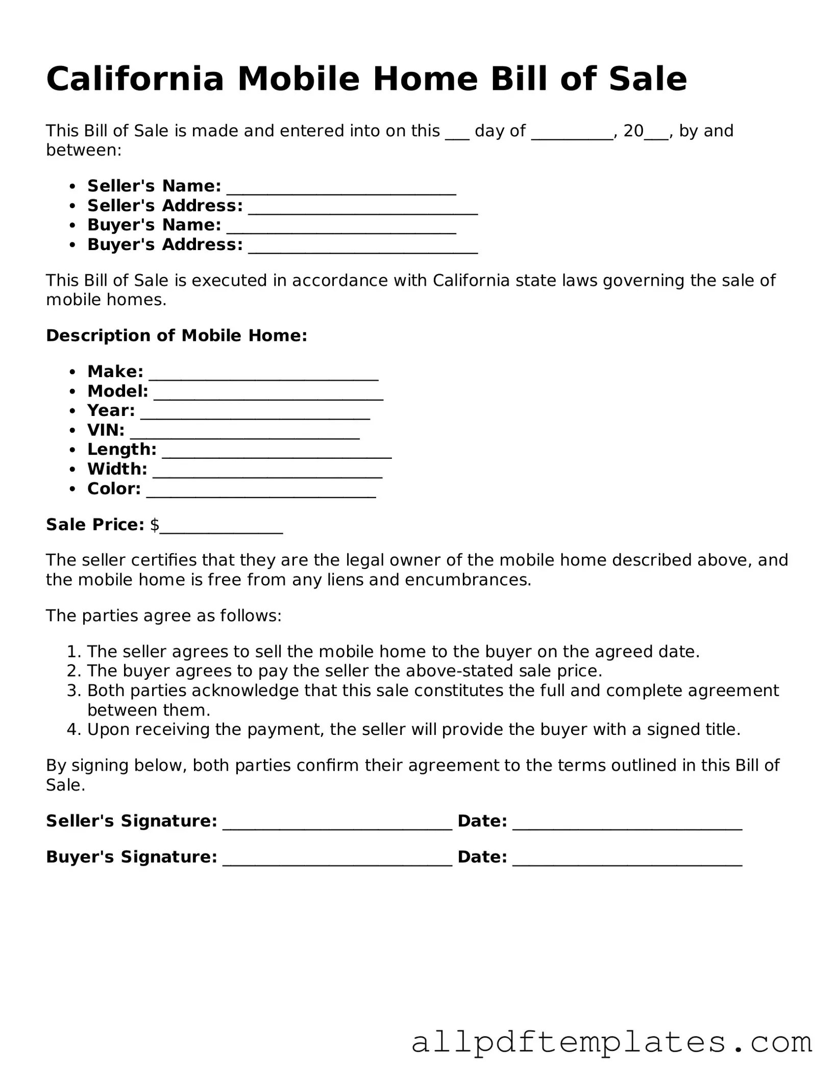 Blank Mobile Home Bill of Sale Document for California State