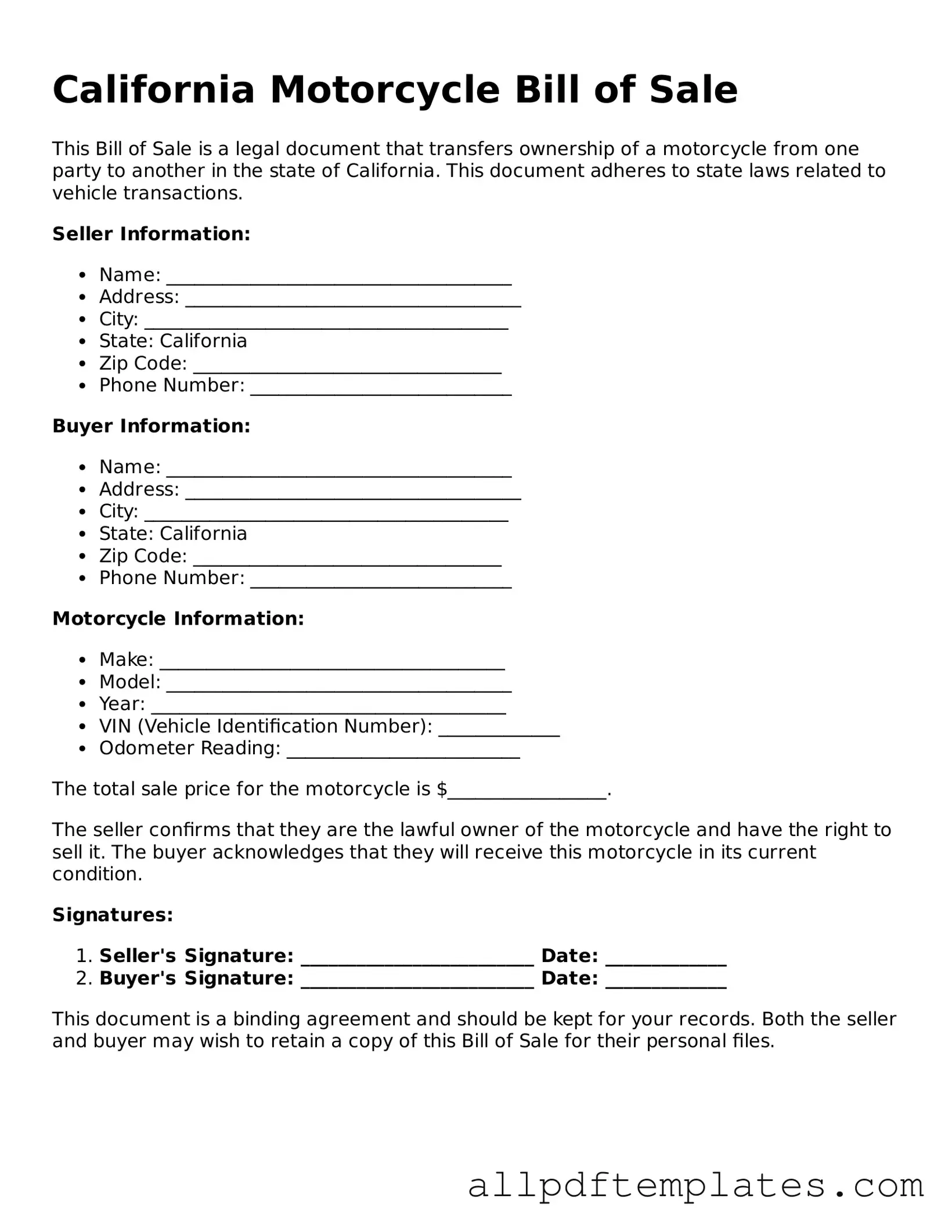 Blank Motorcycle Bill of Sale Document for California State