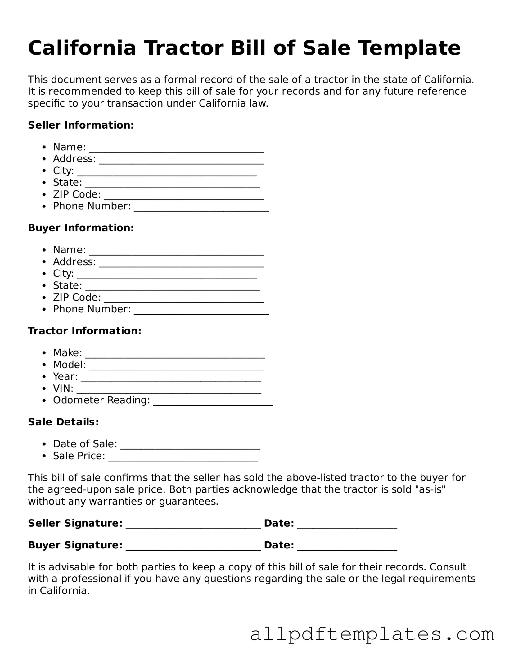 Blank Tractor Bill of Sale Document for California State