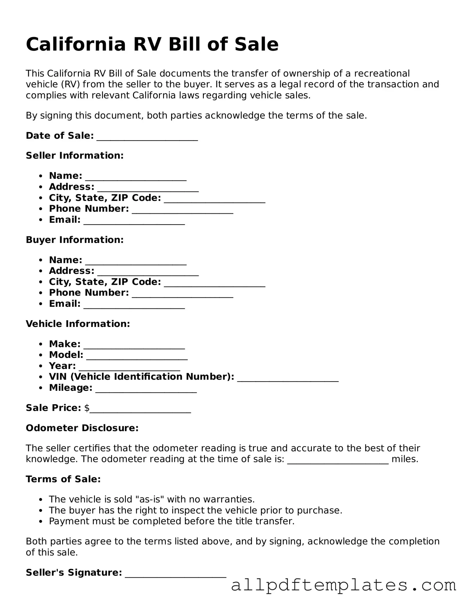Blank RV Bill of Sale Document for California State
