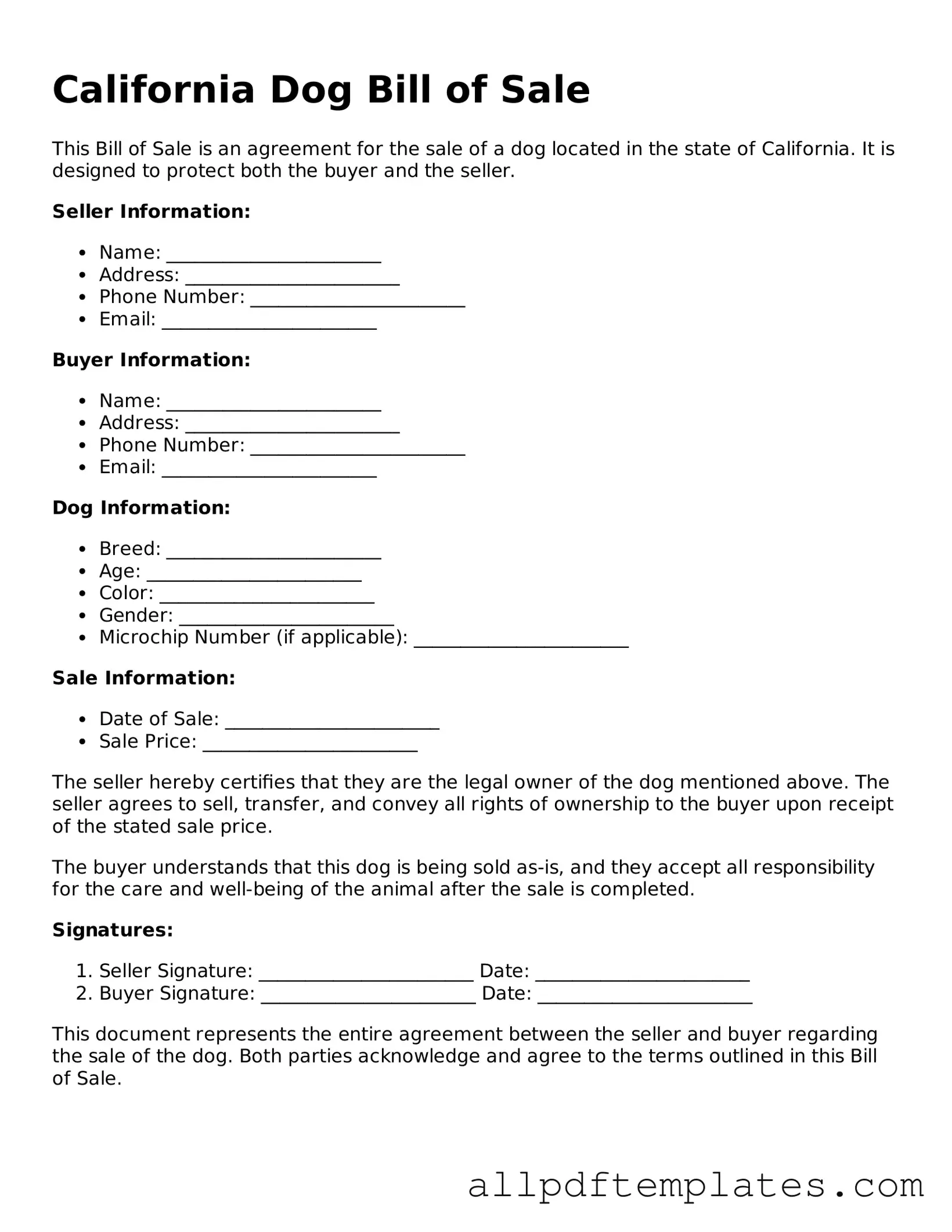 Blank Dog Bill of Sale Document for California State