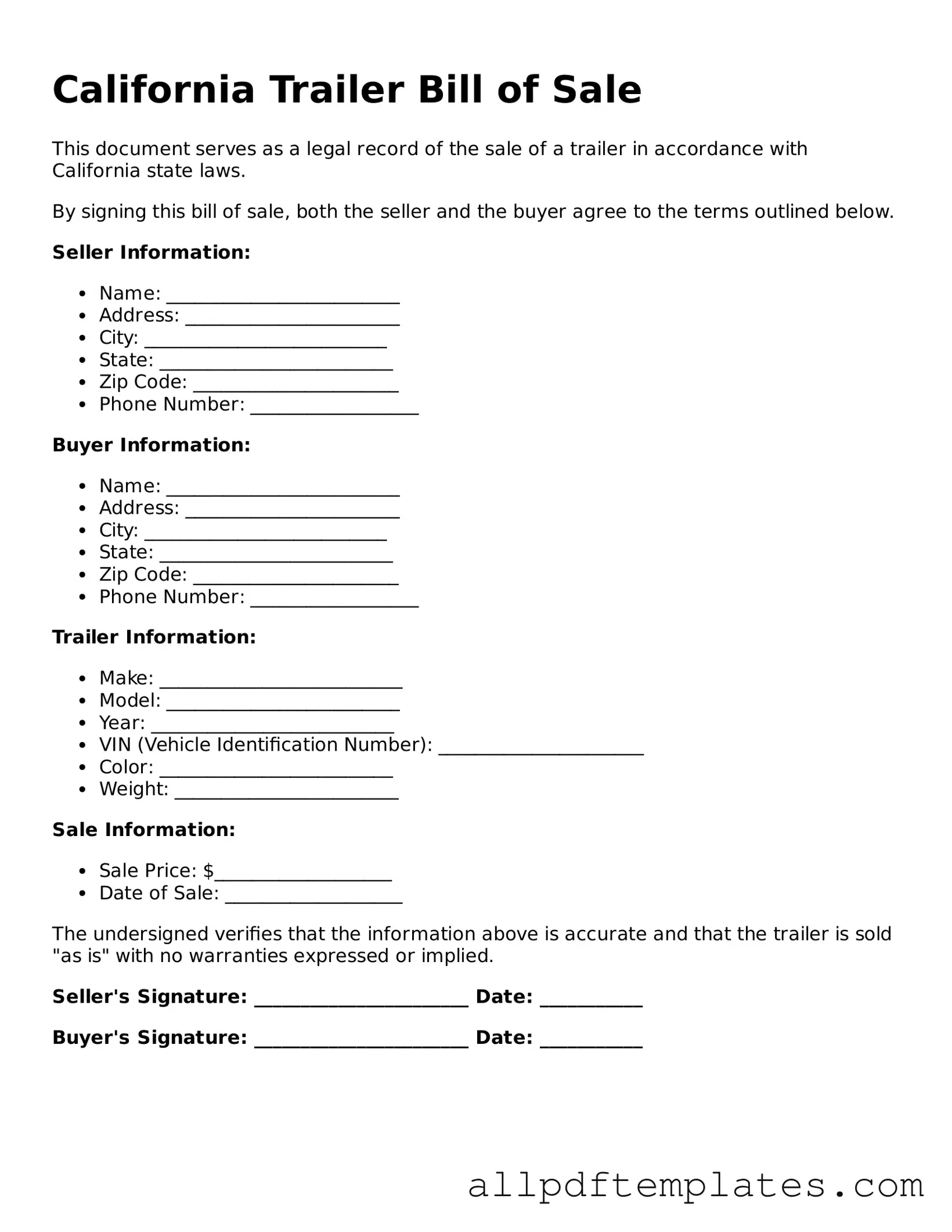 Blank Trailer Bill of Sale Document for California State