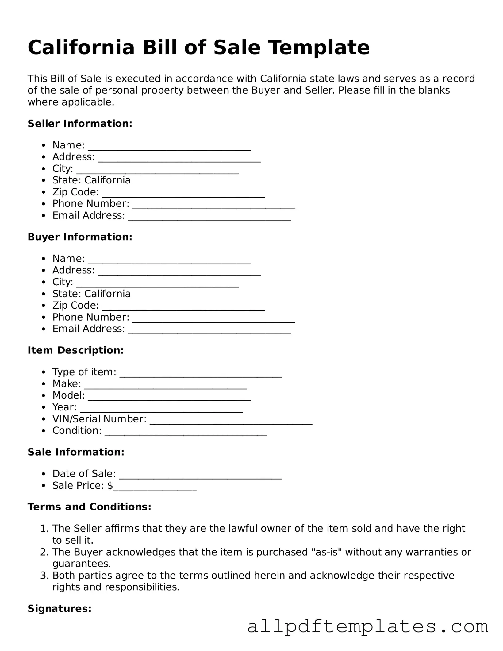 Blank Bill of Sale Document for California State