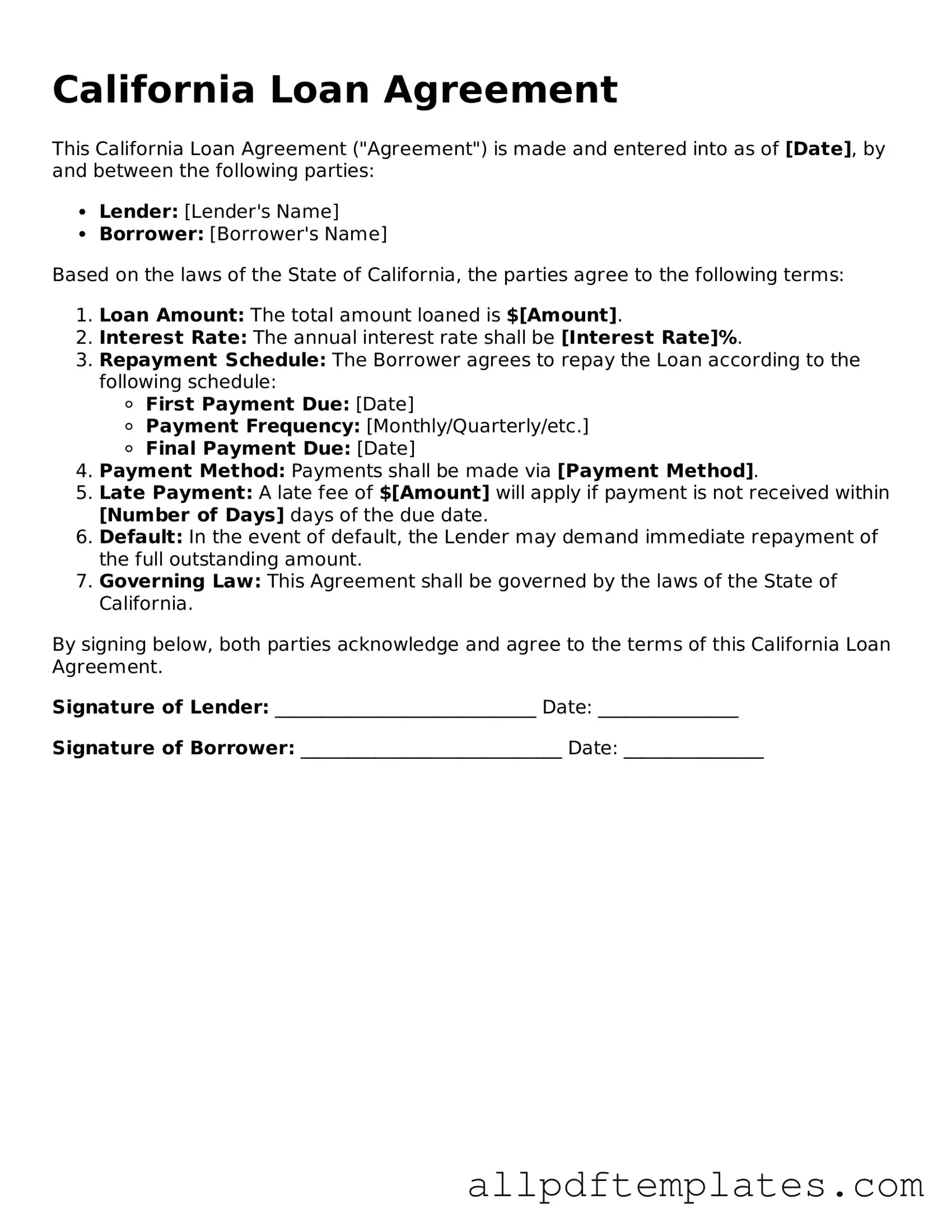 Blank Loan Agreement Document for California State