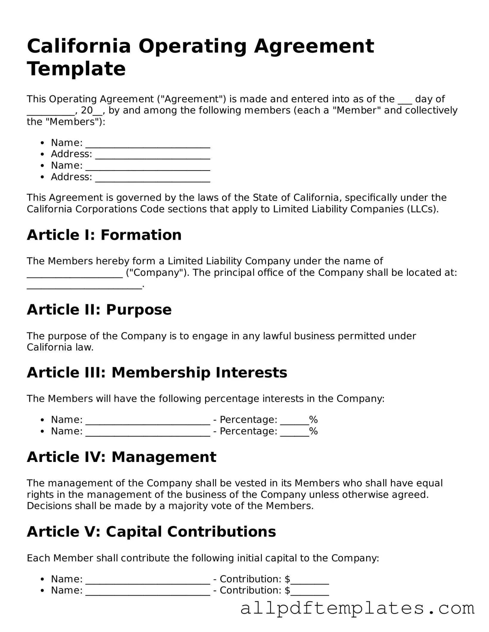 Blank Operating Agreement Document for California State