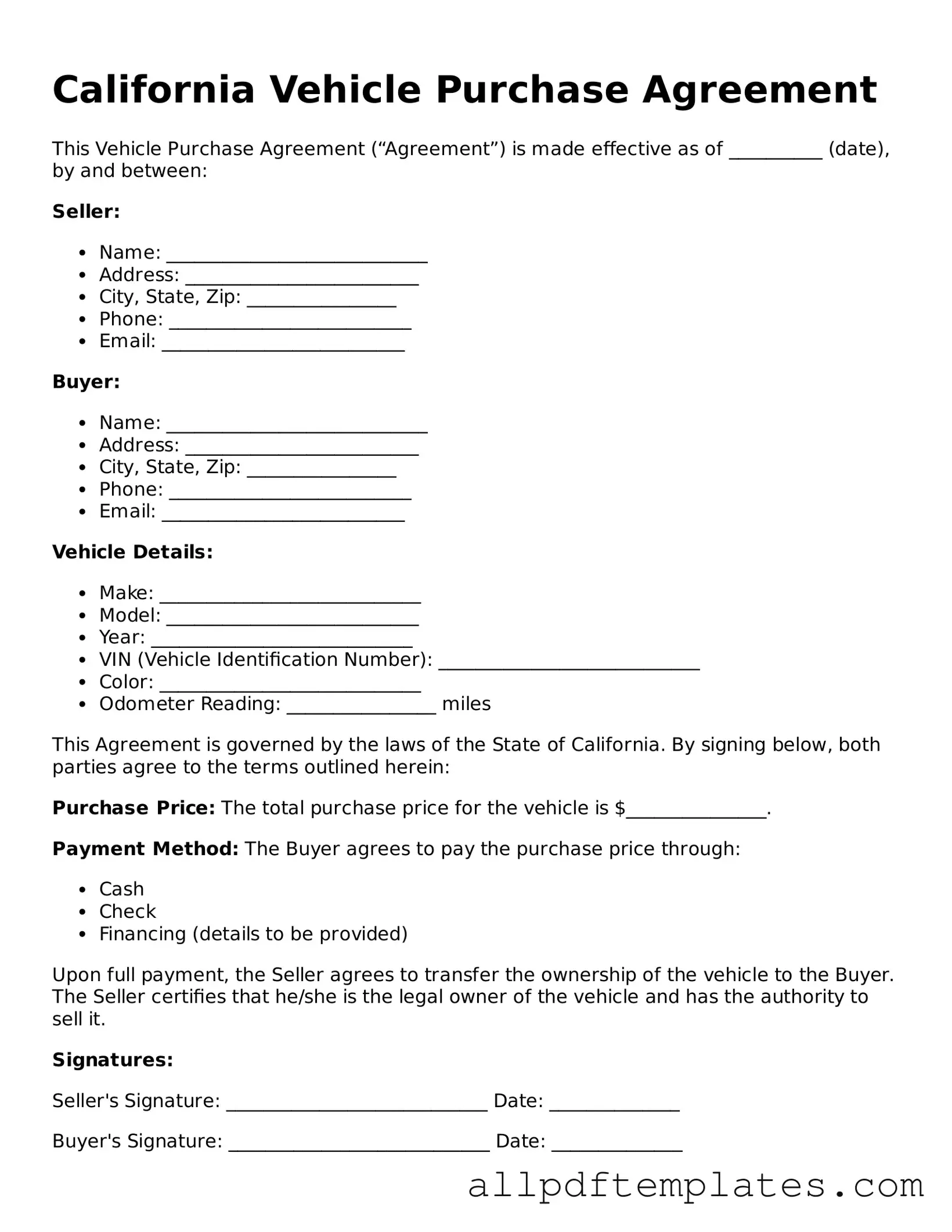 Blank Vehicle Purchase Agreement Document for California State