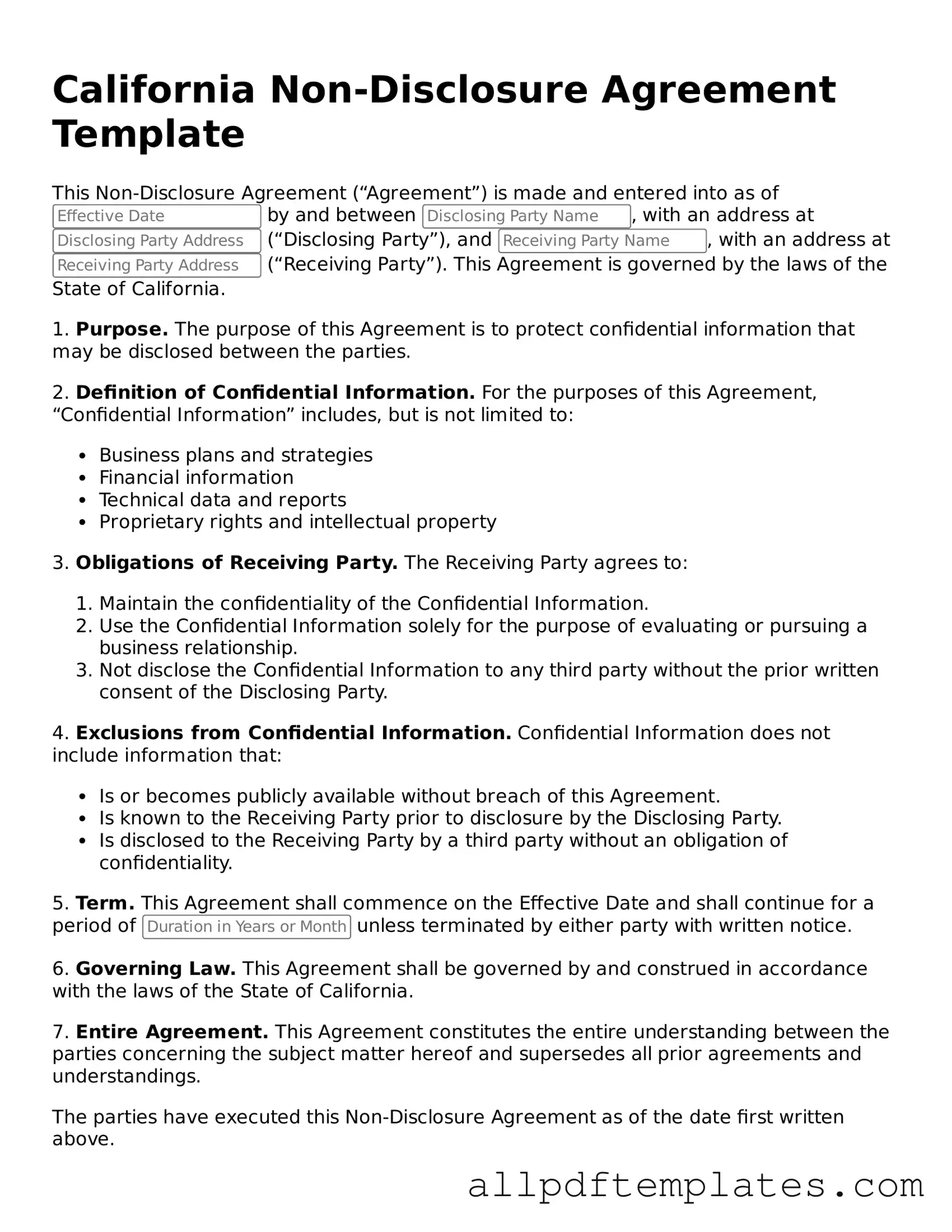Blank Non-disclosure Agreement Document for California State