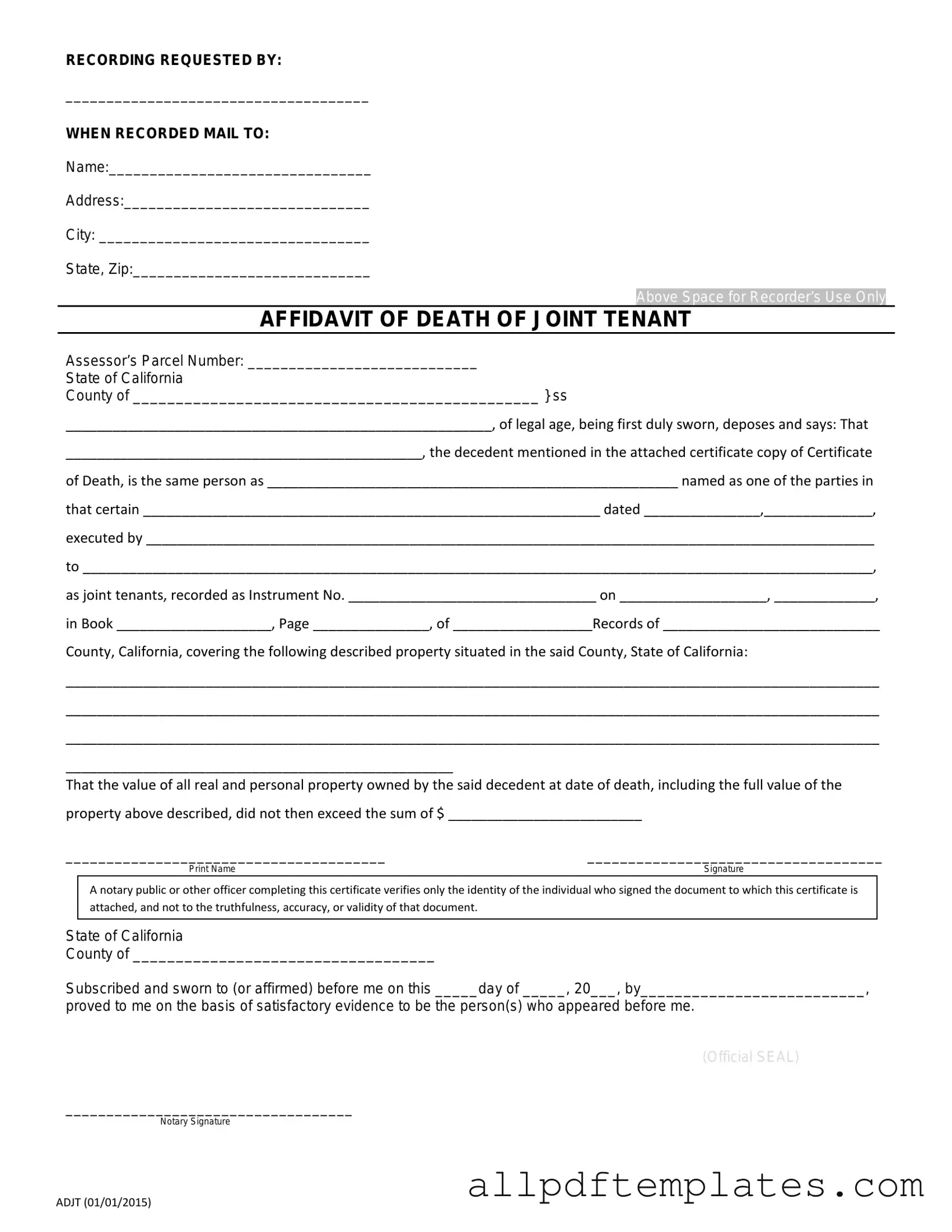 Get California Death of a Joint Tenant Affidavit Form in PDF