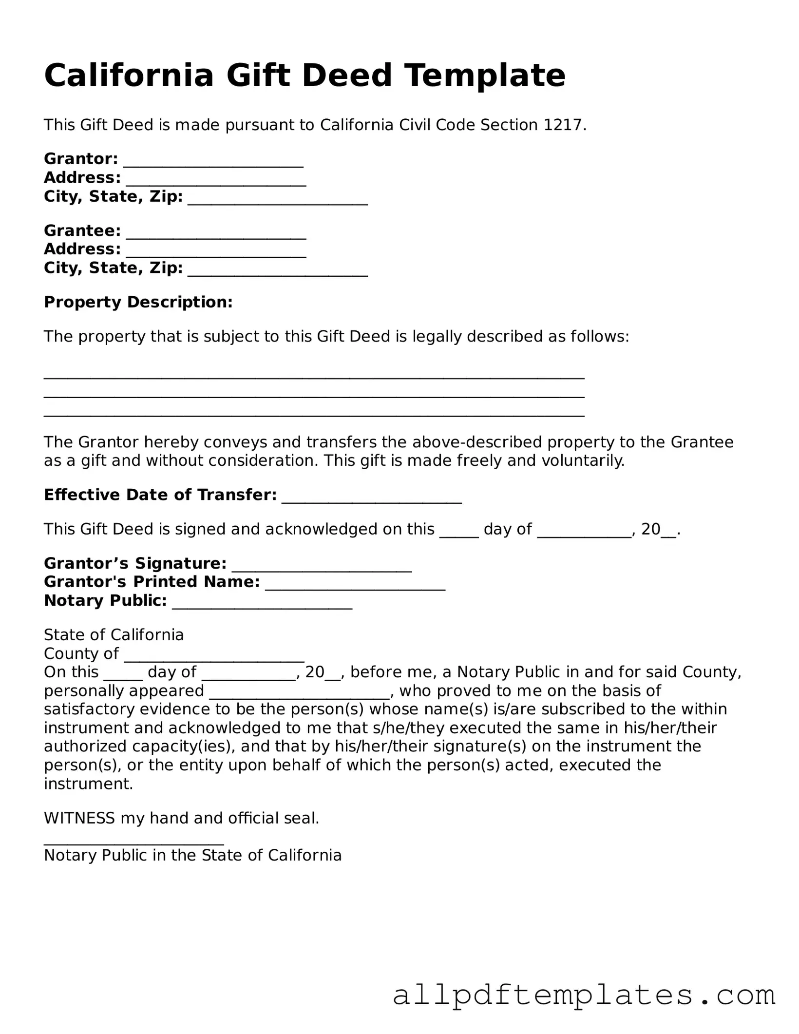 Blank Gift Deed Document for California State