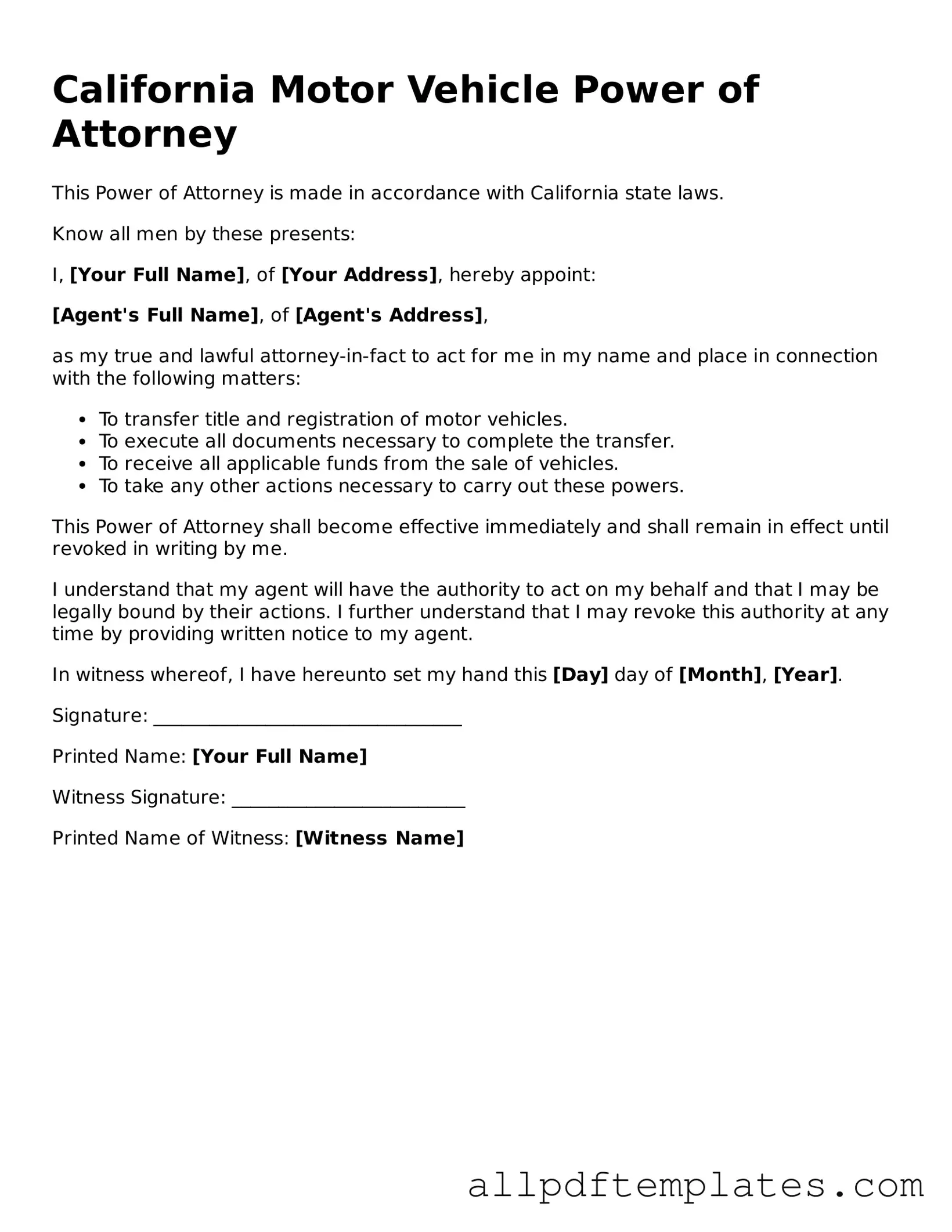 Blank Motor Vehicle Power of Attorney Document for California State