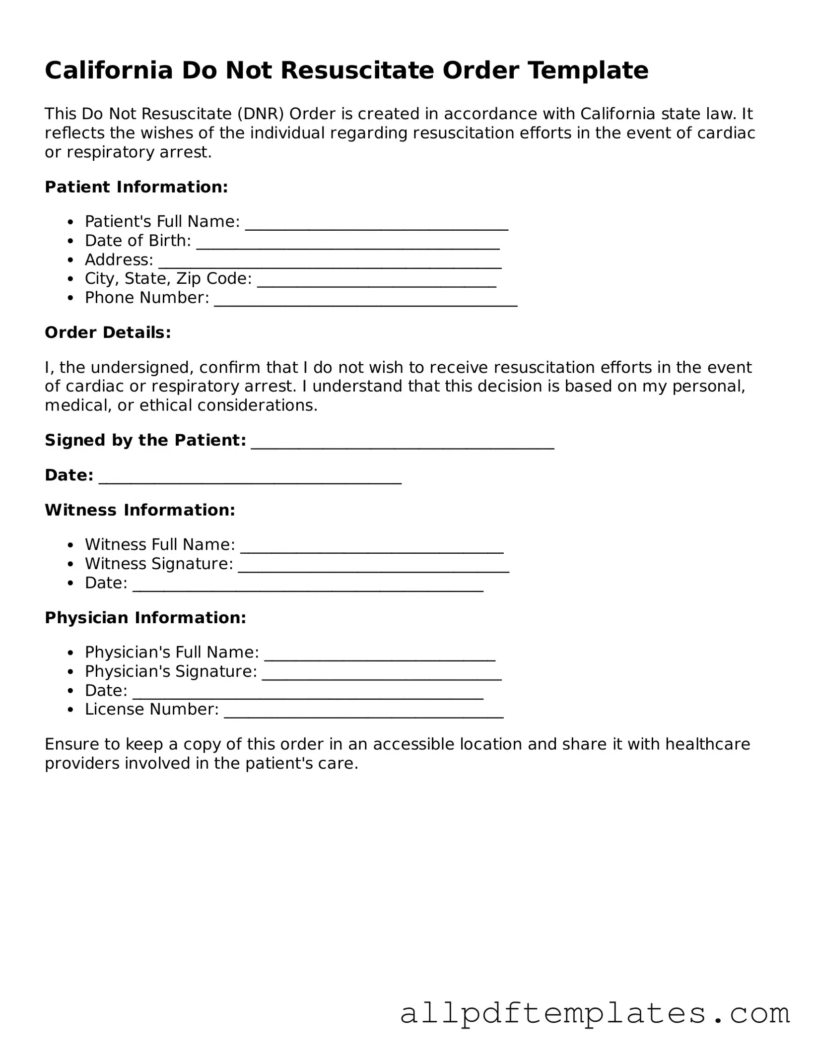 Blank Do Not Resuscitate Order Document for California State