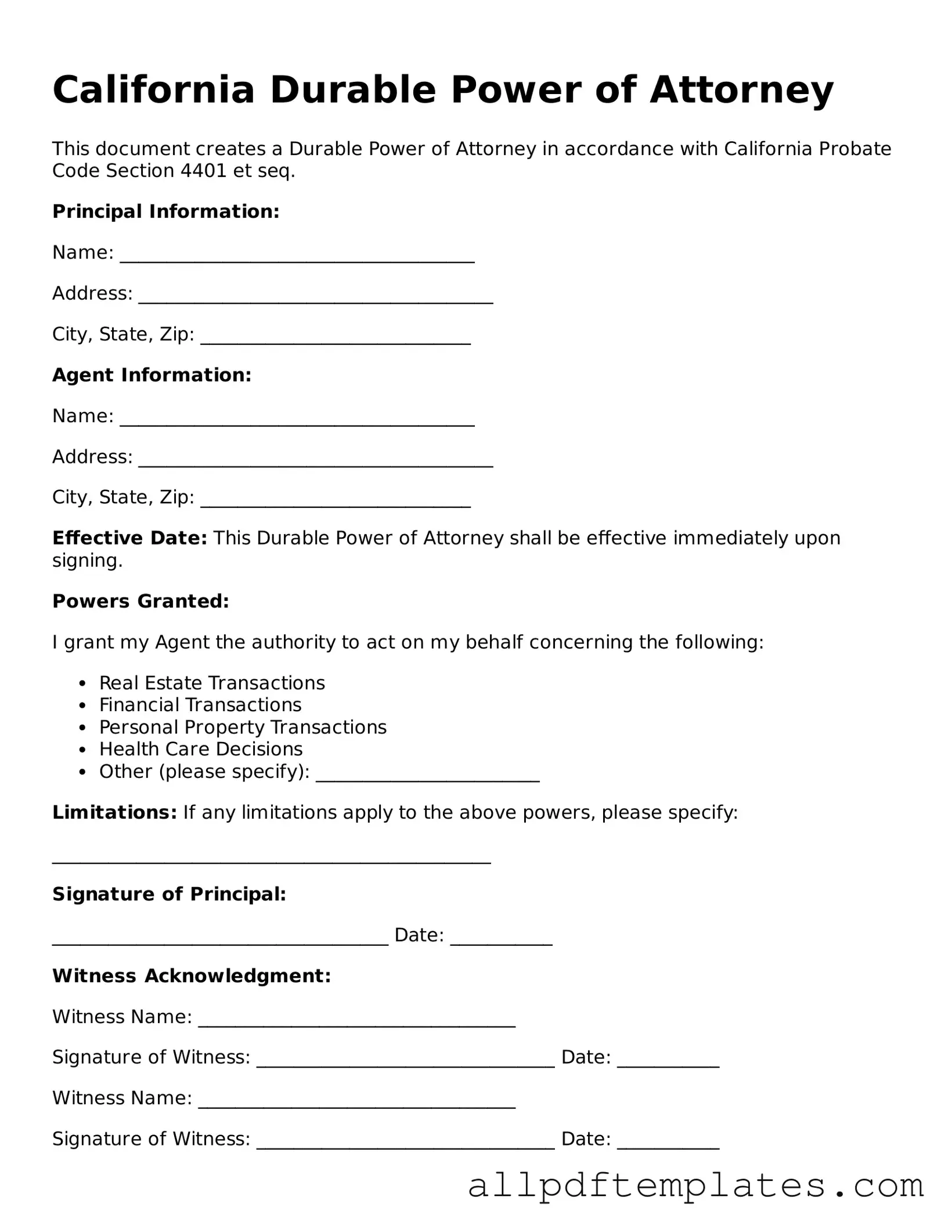 Blank Durable Power of Attorney Document for California State