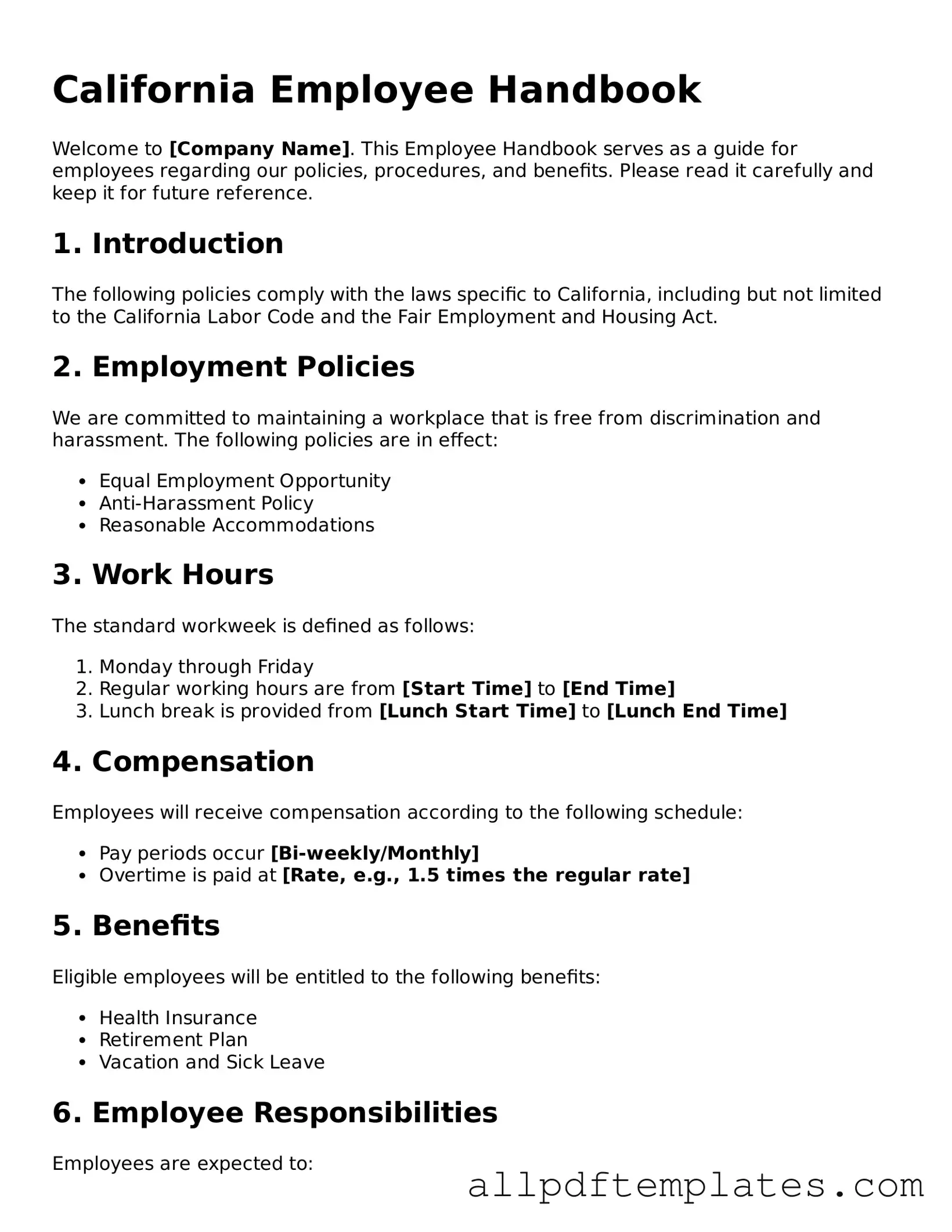 Blank Employee Handbook Document for California State