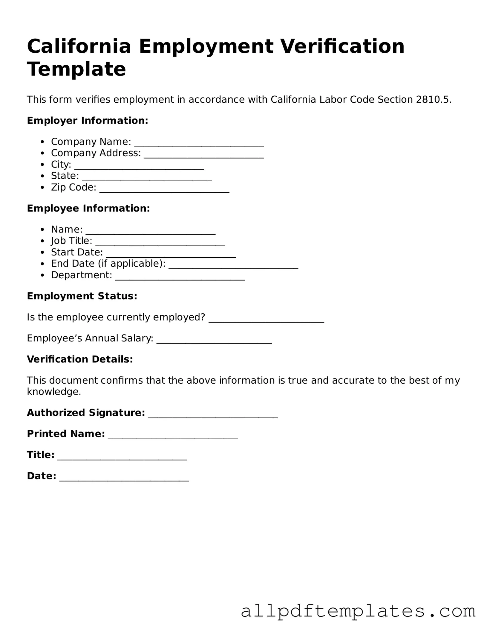 Blank Employment Verification Document for California State