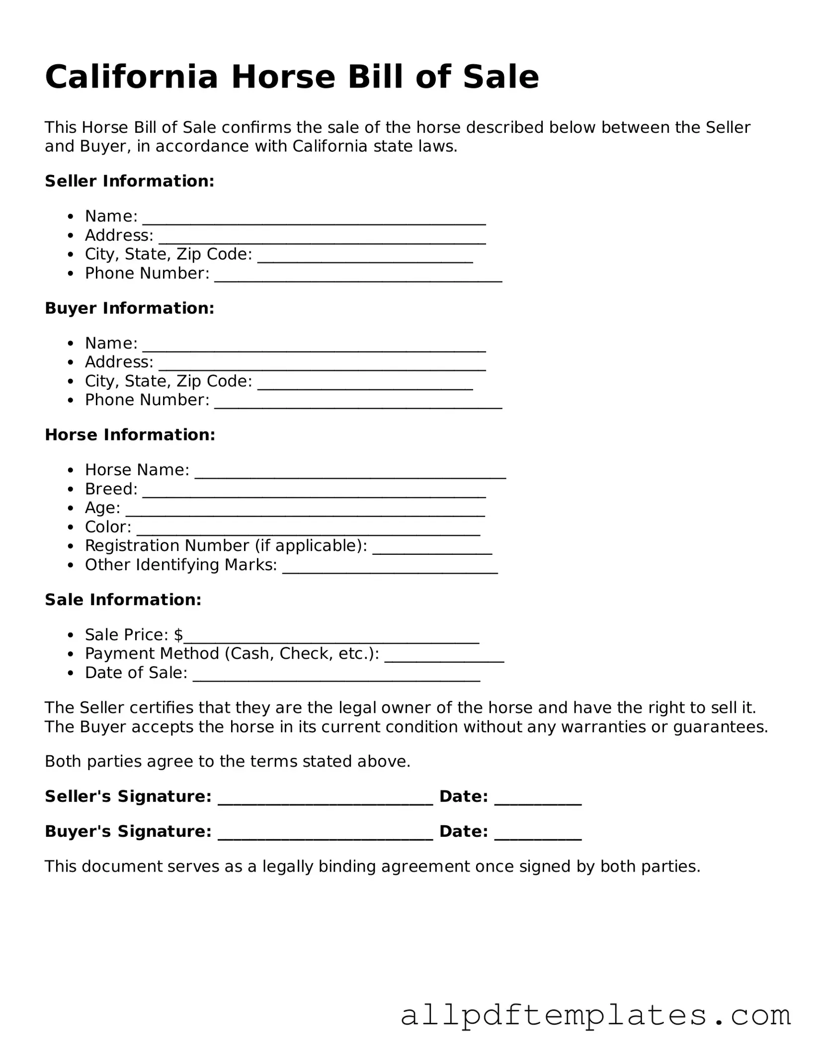 Blank Horse Bill of Sale Document for California State