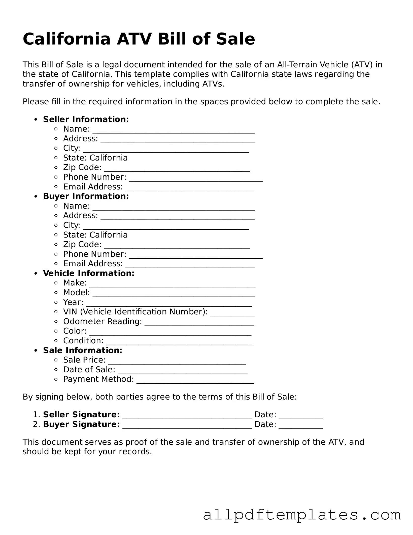 Blank ATV Bill of Sale Document for California State