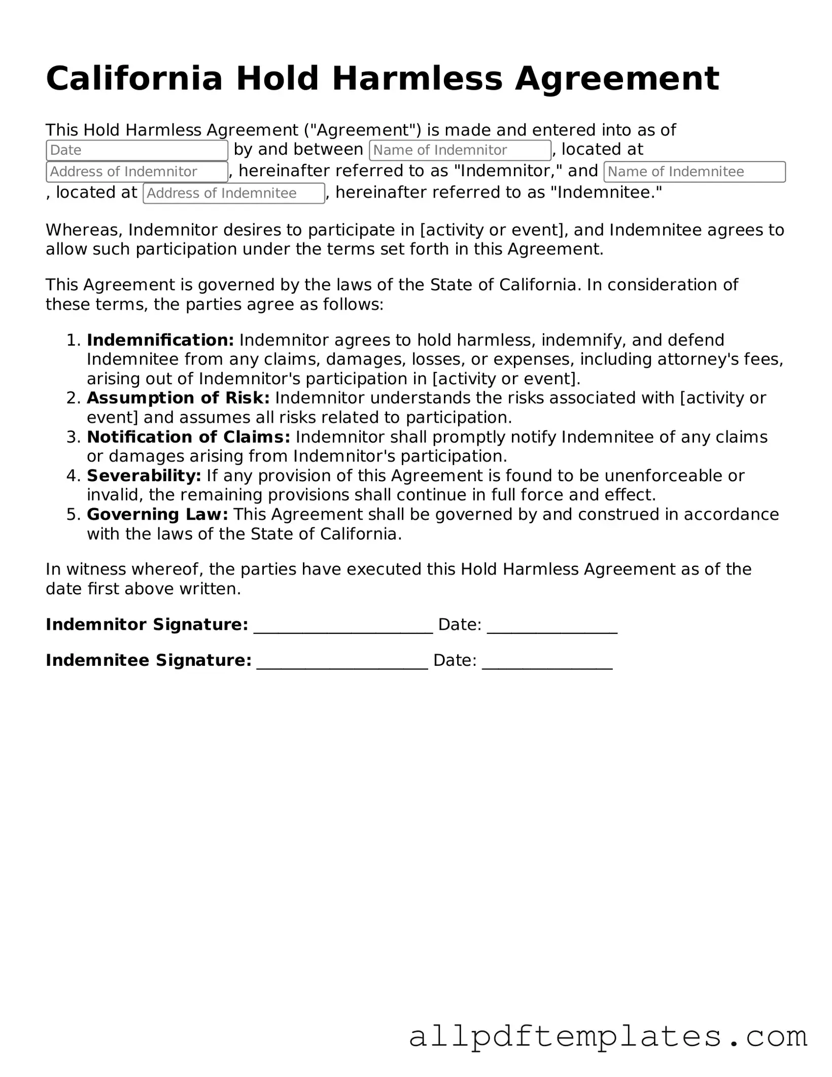 Blank Hold Harmless Agreement Document for California State