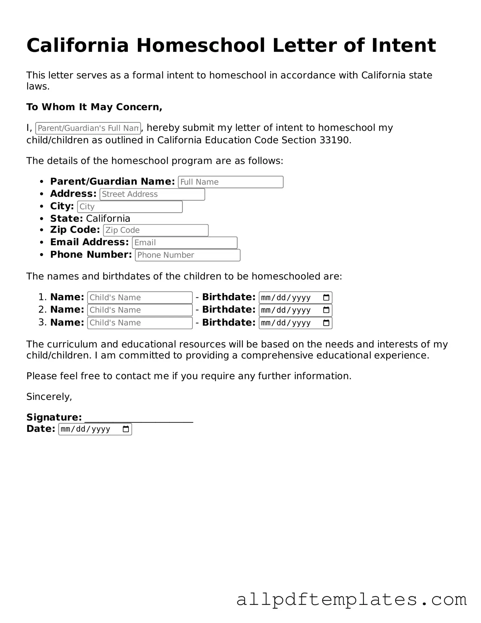 Blank Homeschool Letter of Intent Document for California State