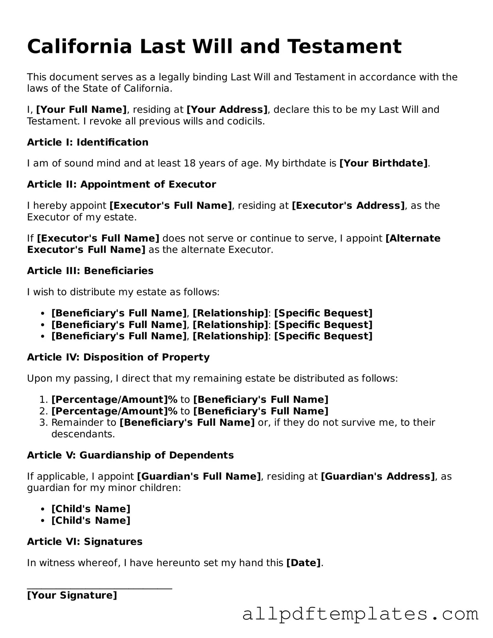 Blank Last Will and Testament Document for California State