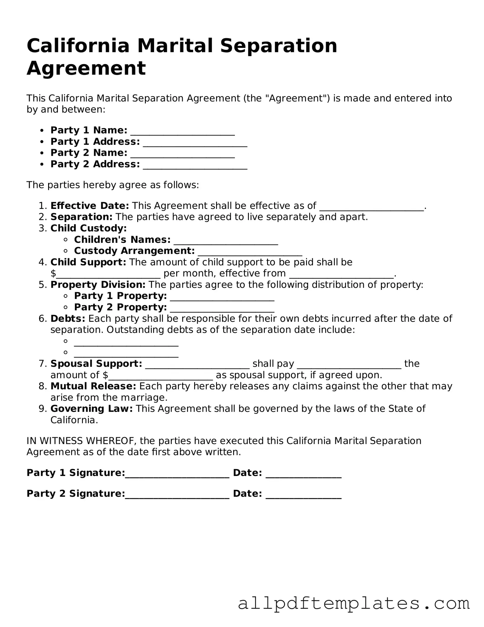 Blank Marital Separation Agreement Document for California State