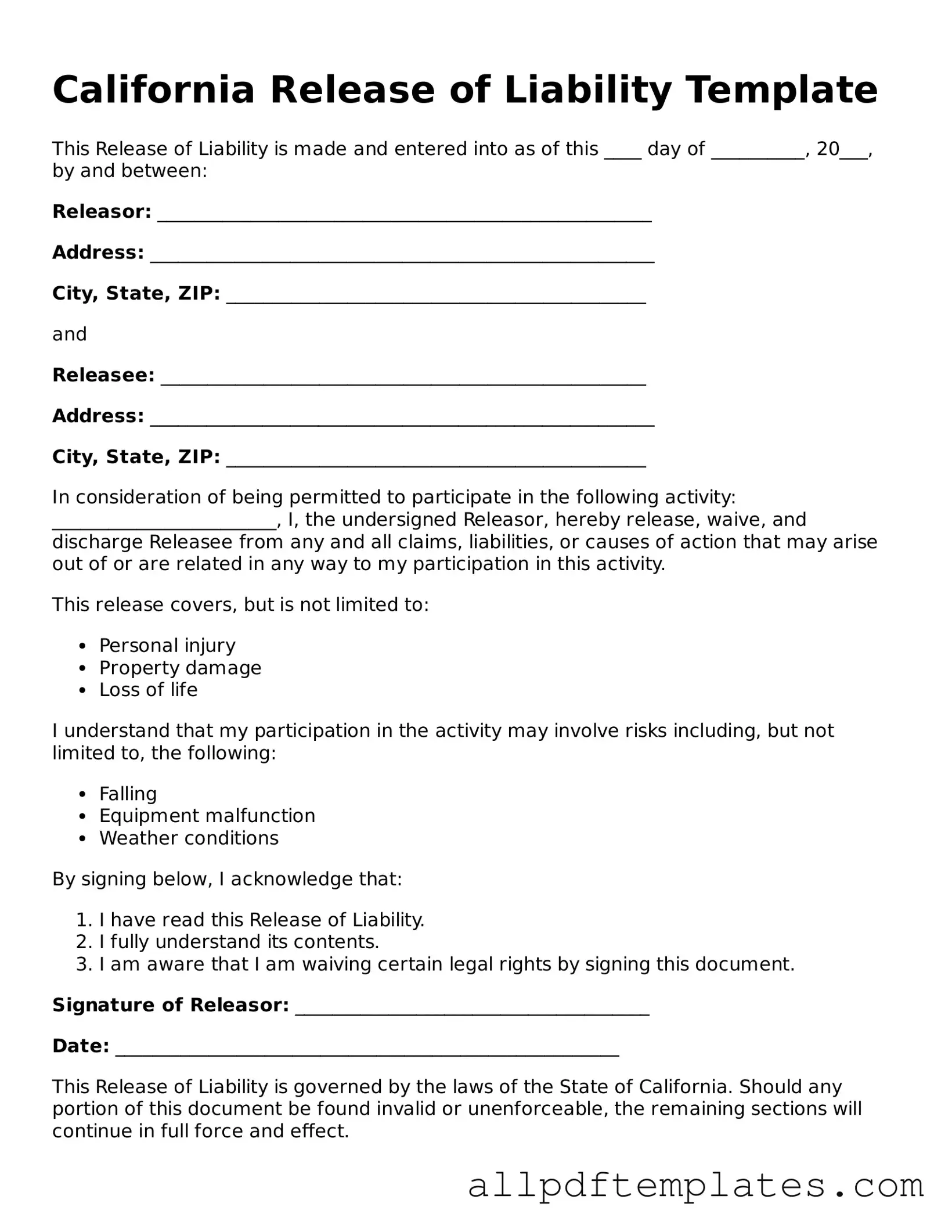 Blank Release of Liability Document for California State