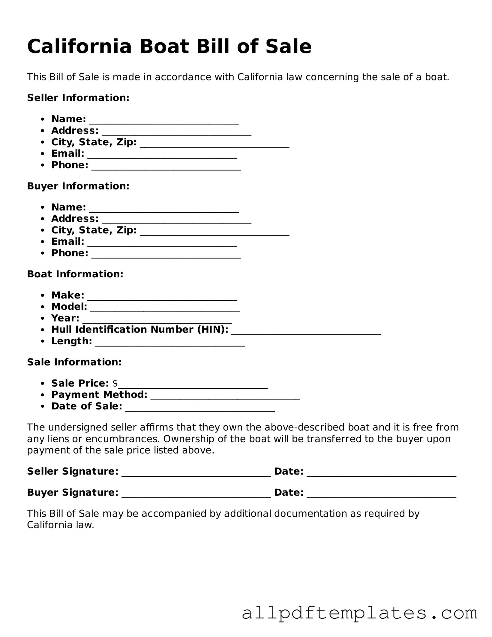 Blank Boat Bill of Sale Document for California State