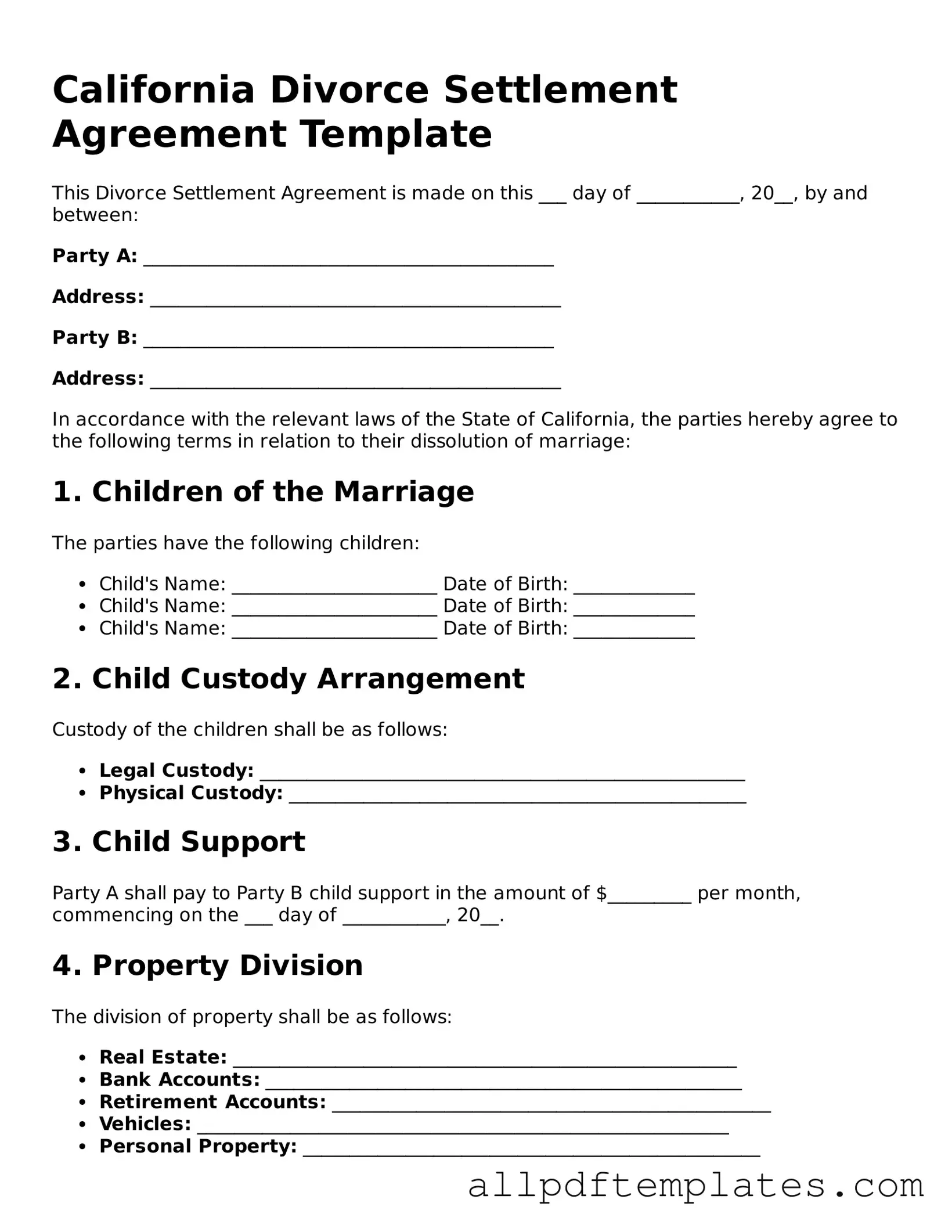 Blank Divorce Settlement Agreement Document for California State