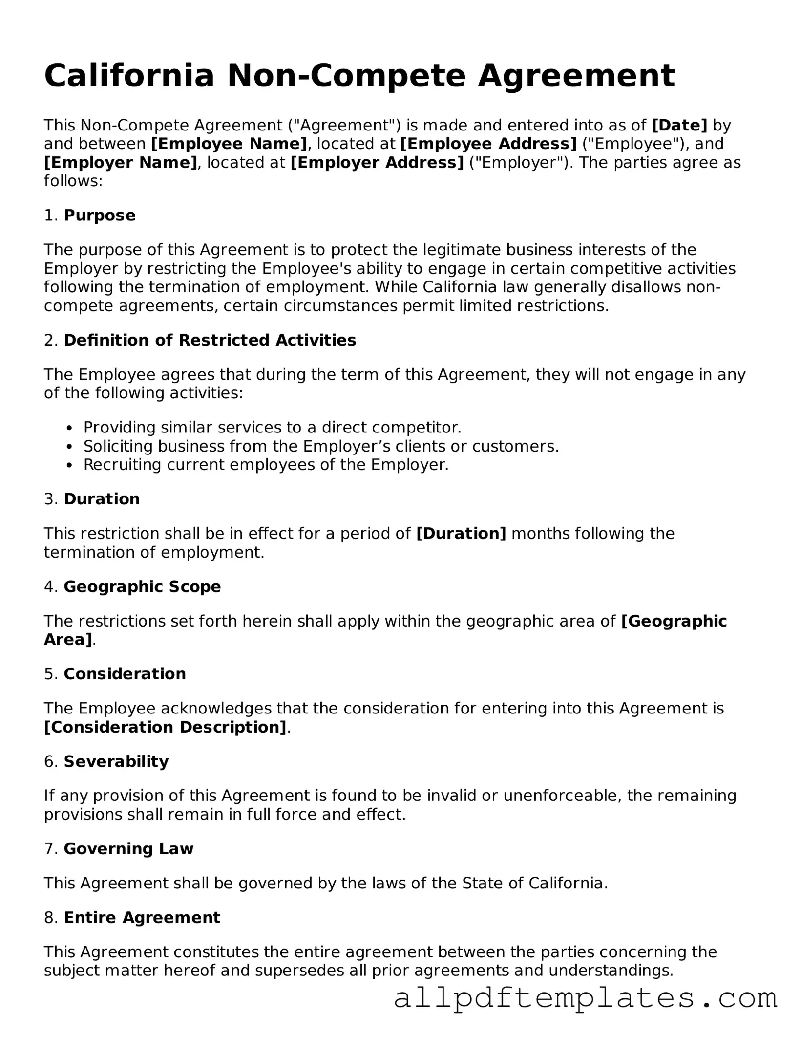 Blank Non-compete Agreement Document for California State
