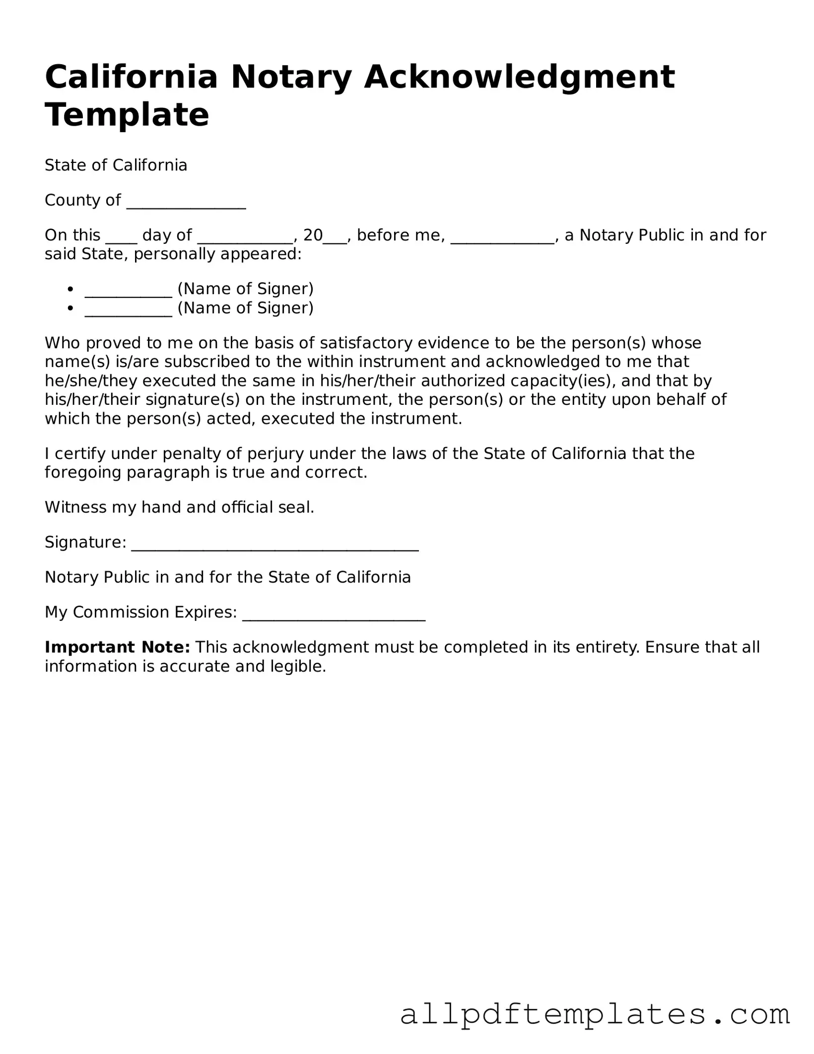 Blank Notary Acknowledgement Document for California State
