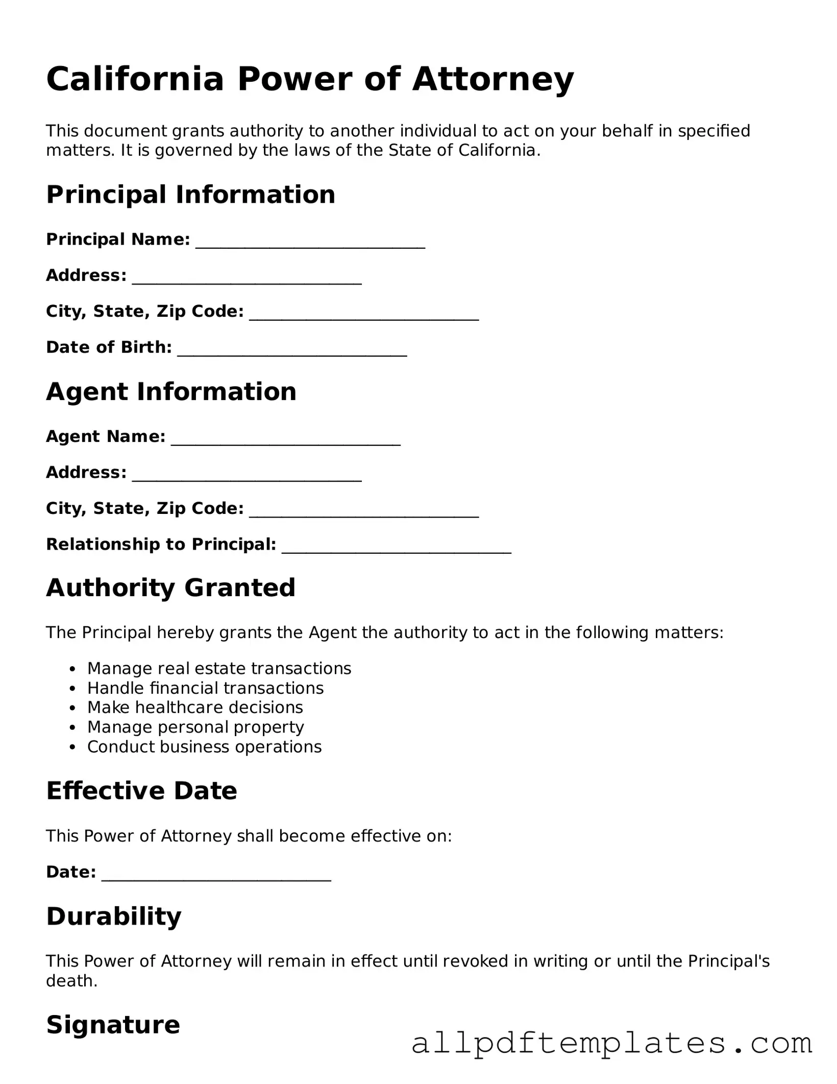 Blank Power of Attorney Document for California State