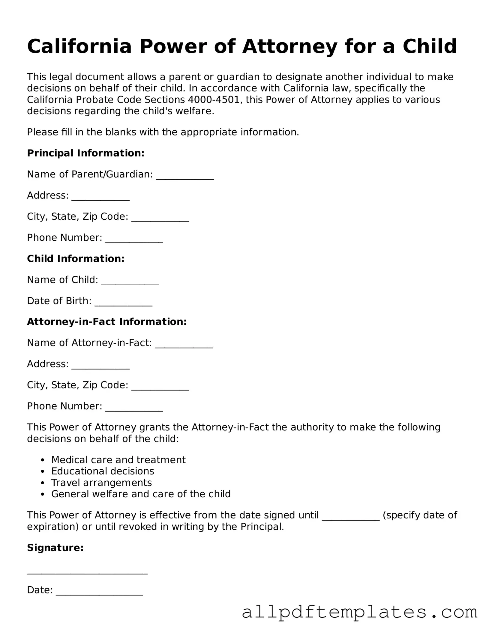 Blank Power of Attorney for a Child Document for California State